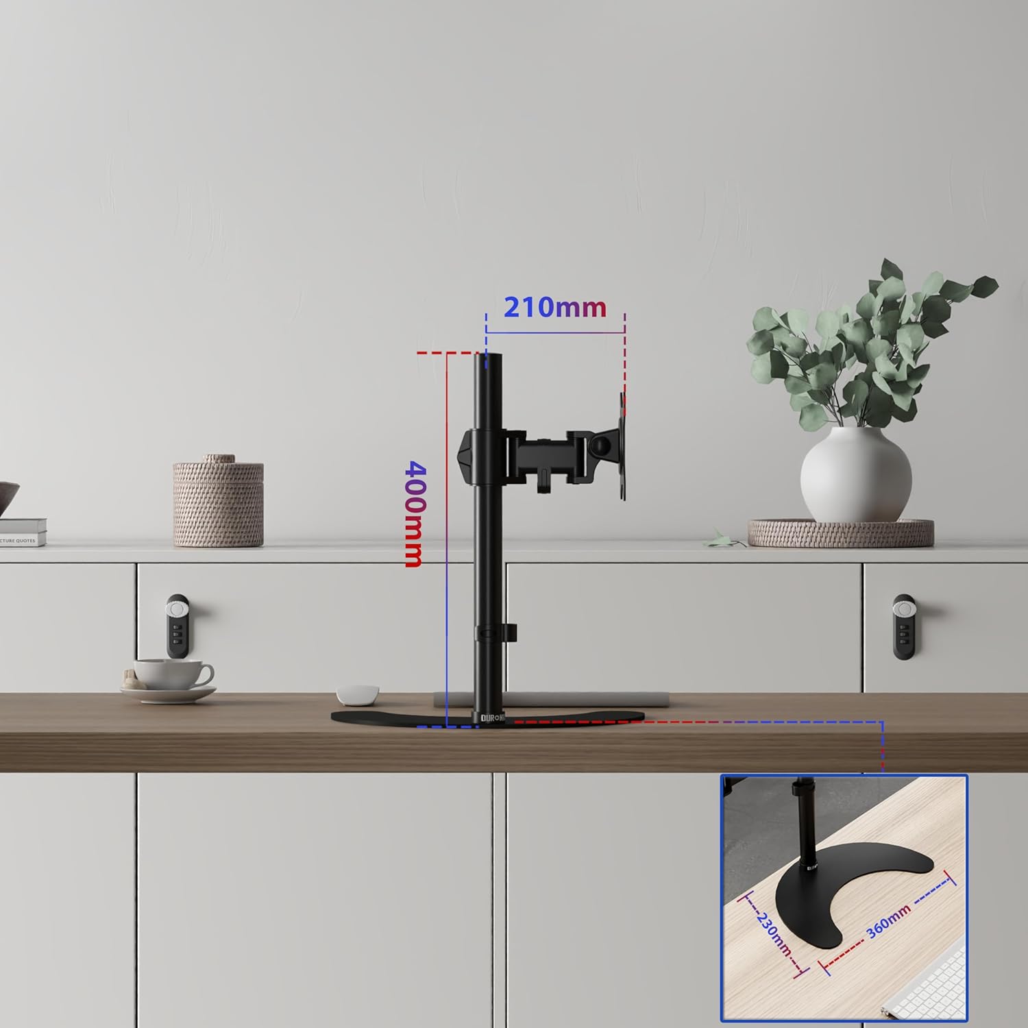 Duronic Monitor Arm Stand DM25D1 | Freestanding | Single PC Desk Mount | Steel | for One 13-27” LED LCD Television or Computer Screen | VESA 75/100 | 8kg | Tilt +35°/-90°, Swivel 180°, Rotate 360°