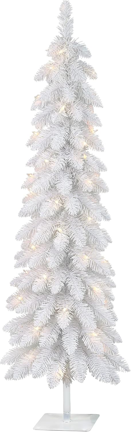 Puleo International 4 ft Pre-Lit White Artificial Alpine Pencil Tree 136 Tips 50 Clear Lights