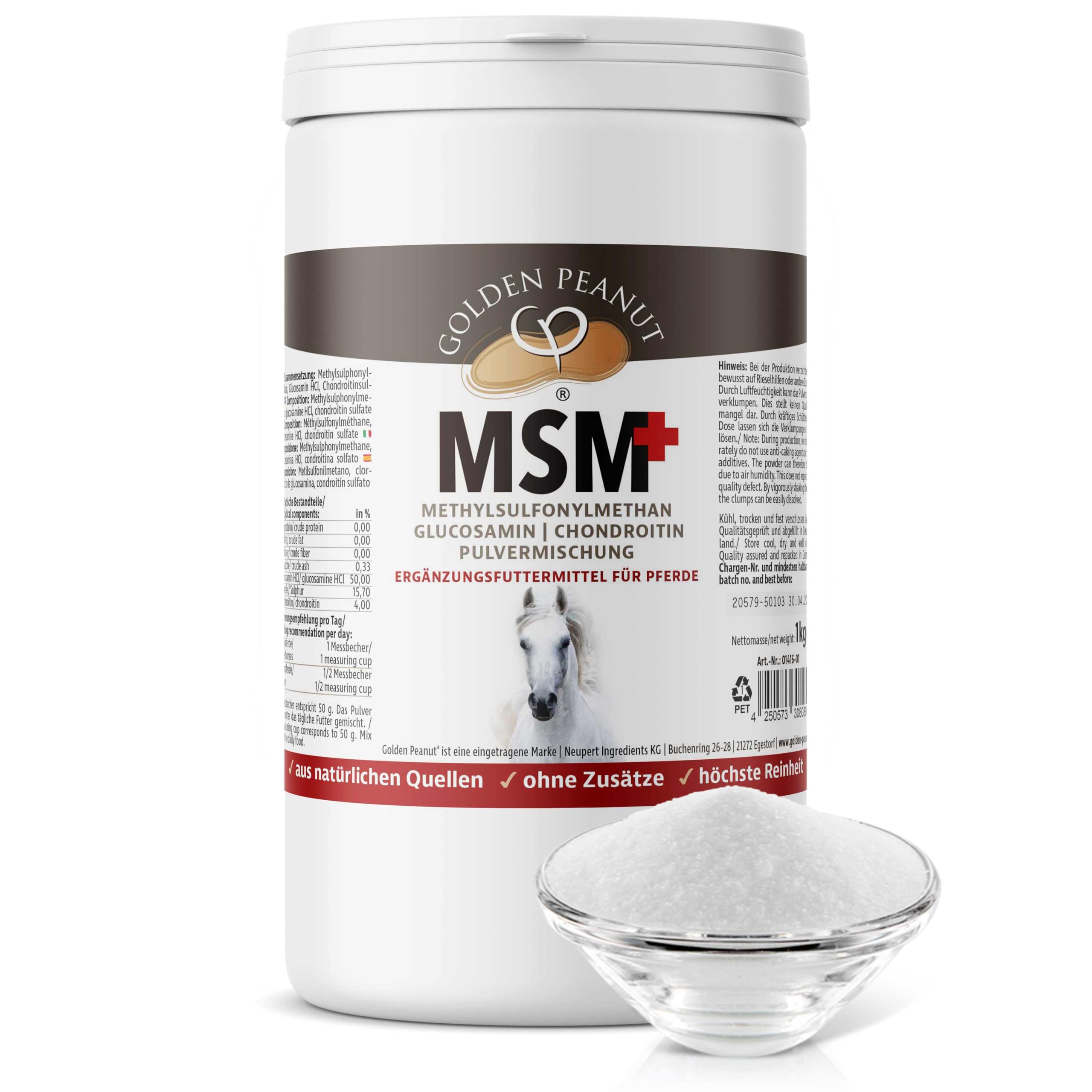 GOLDEN PEANUT MSM Glucosamina Condroitina Polvo 1 kg para caballos, combinación ideal, alta biodisponibilidad