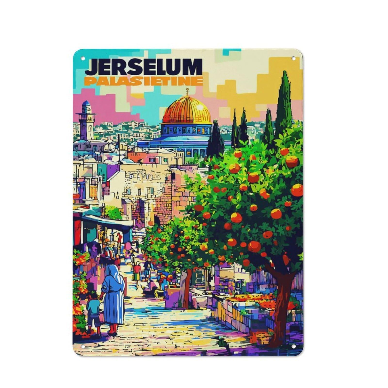 Junmoney Jerusalem A Vibrant Cityscape Garage Metal Sign 40X30cm, Retro Workshop Wall Decor For Tool Room, Garage, Studio Or Home Bar