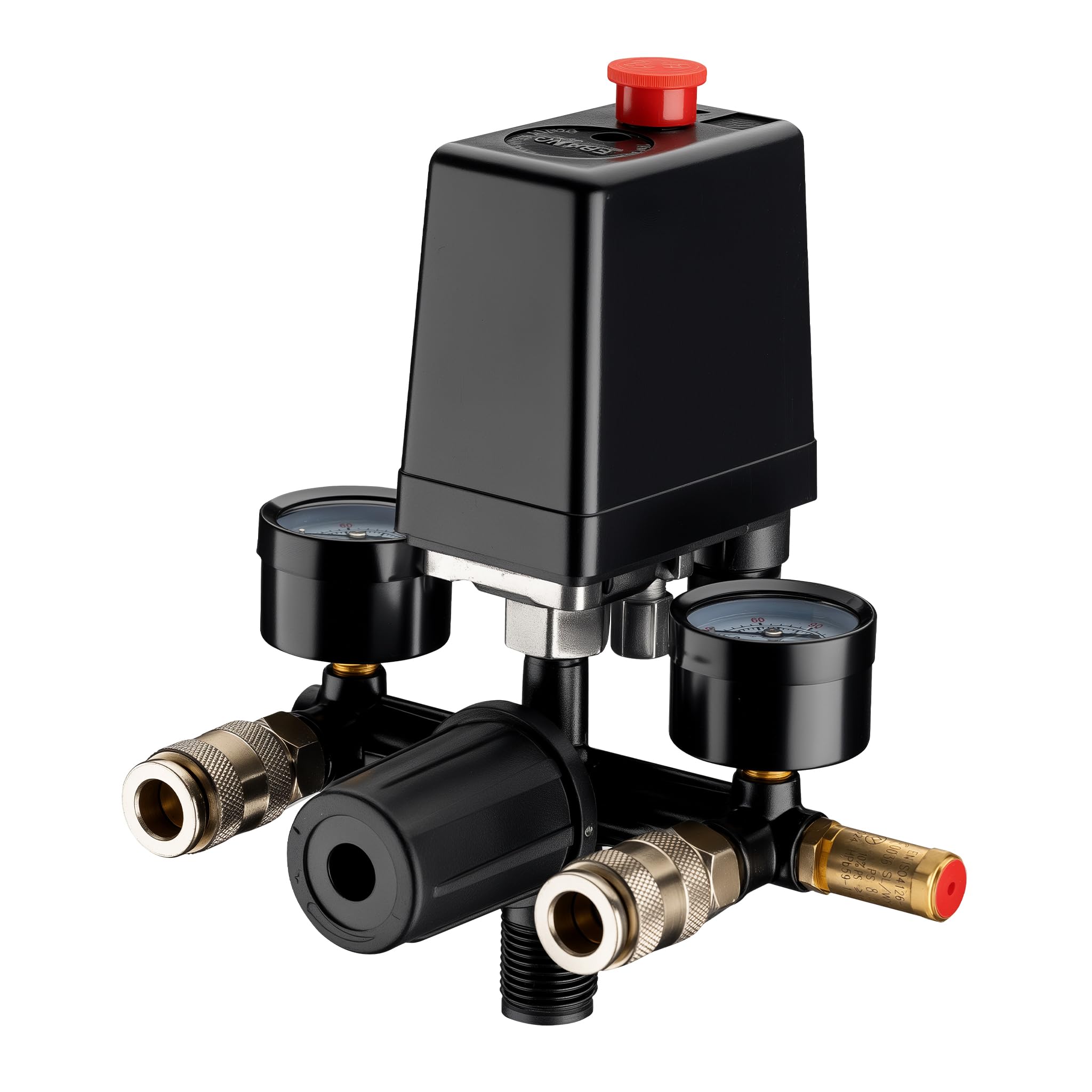 Wiltec Régulateur de pression avec Pressostat – 165 x 130 x 200 mm – 8 bars max. – pour Compresseur – avec Réducteur 2 afficheurs Valve de sécurité
