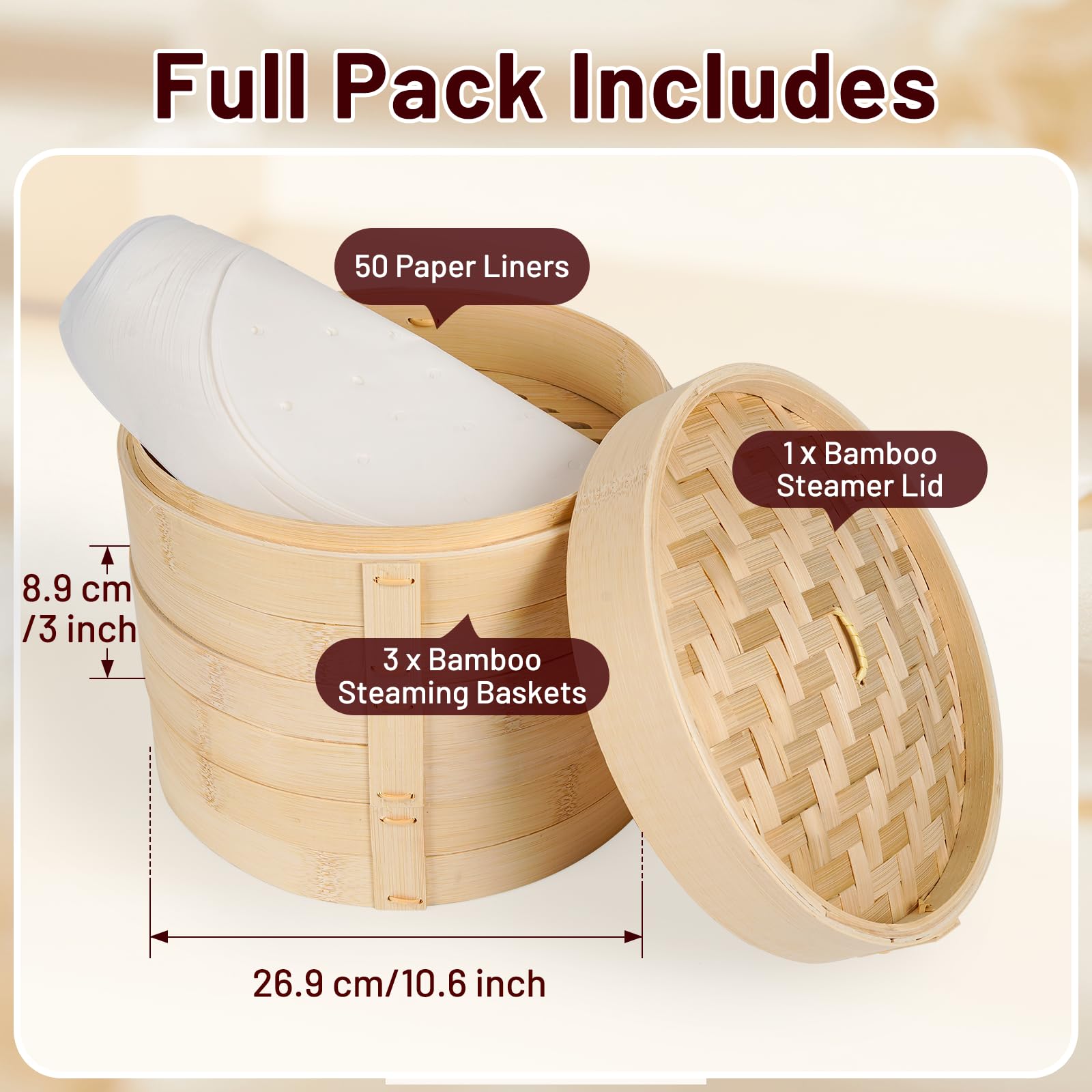 Cesta de vapor de bambú de 3 niveles de 10 pulgadas con 50 papeles de pergamino, para cocina, albóndigas, bollos, Dim Sum