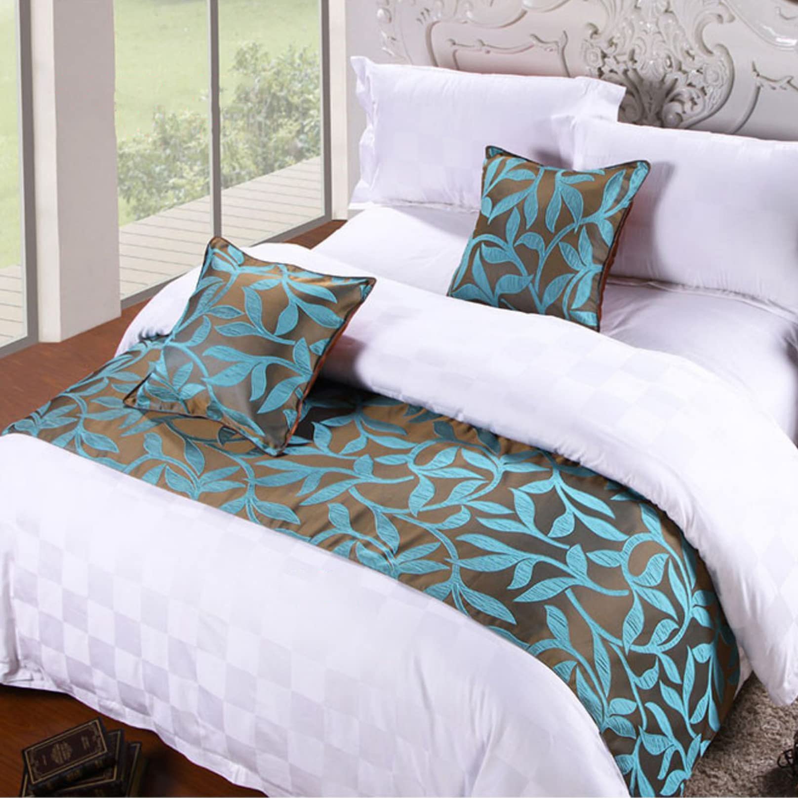 Bed Runner Hotel Bedding Protection Bed Scarf Flower Pattern Quilted Bed Flag Mat Bedclothes Decoration for Foot of Bed for Wedding Bedroom, Blue 180X50cm for 120cm bed