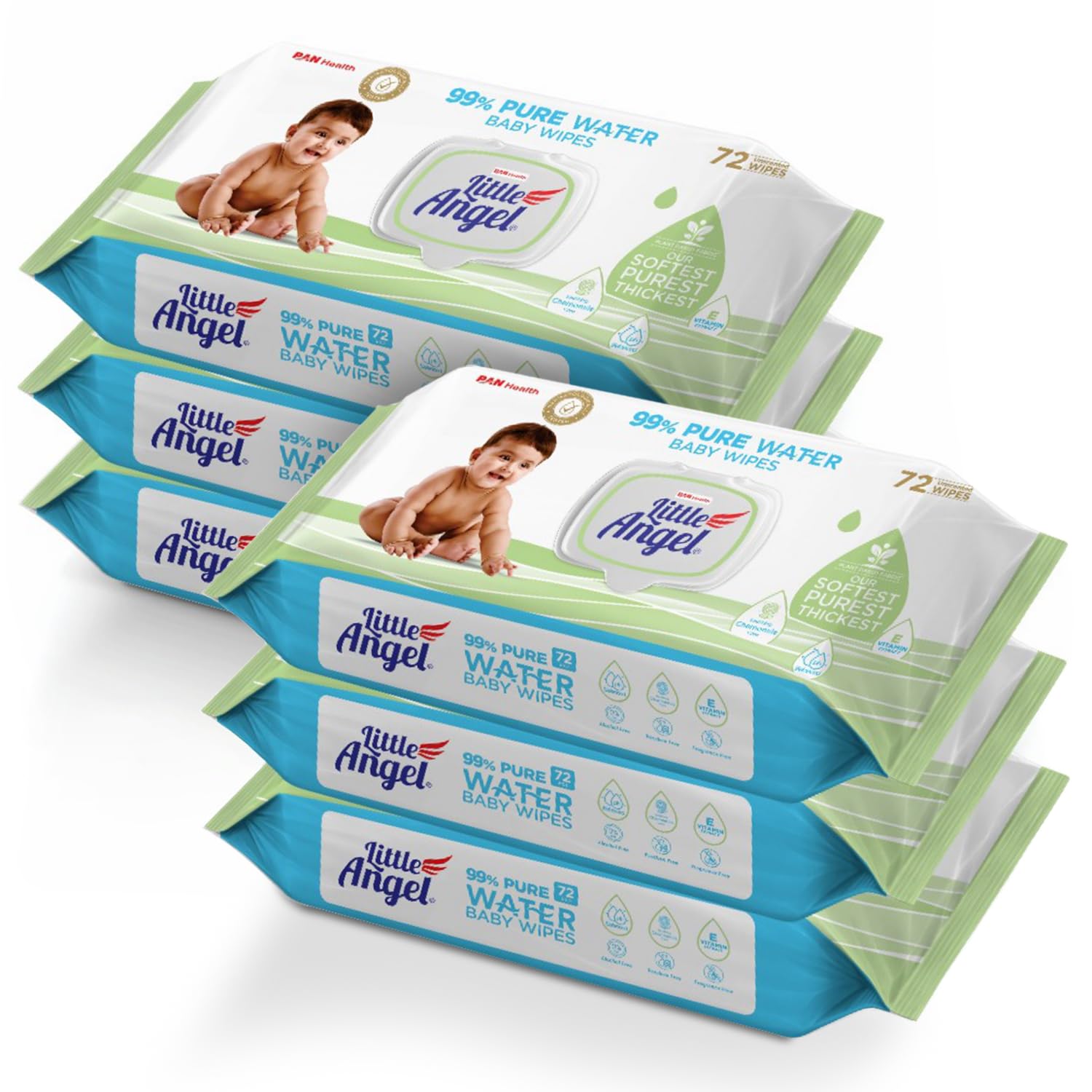 Little Angel 99% Pure Water Baby Wipes with Lid, 432 count, Enriched with Chamomile Extracts & Vitamin E, Plant Based Fabric, 72 pcs/pack (Pack of 6)