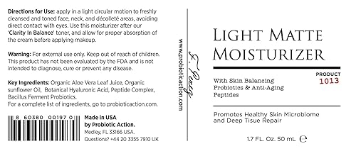 Probiotic Action® Crema hidratante mate ligera: los probióticos ayudan a prevenir el acné, la rosácea y el eccema. El probiótico y el péptido