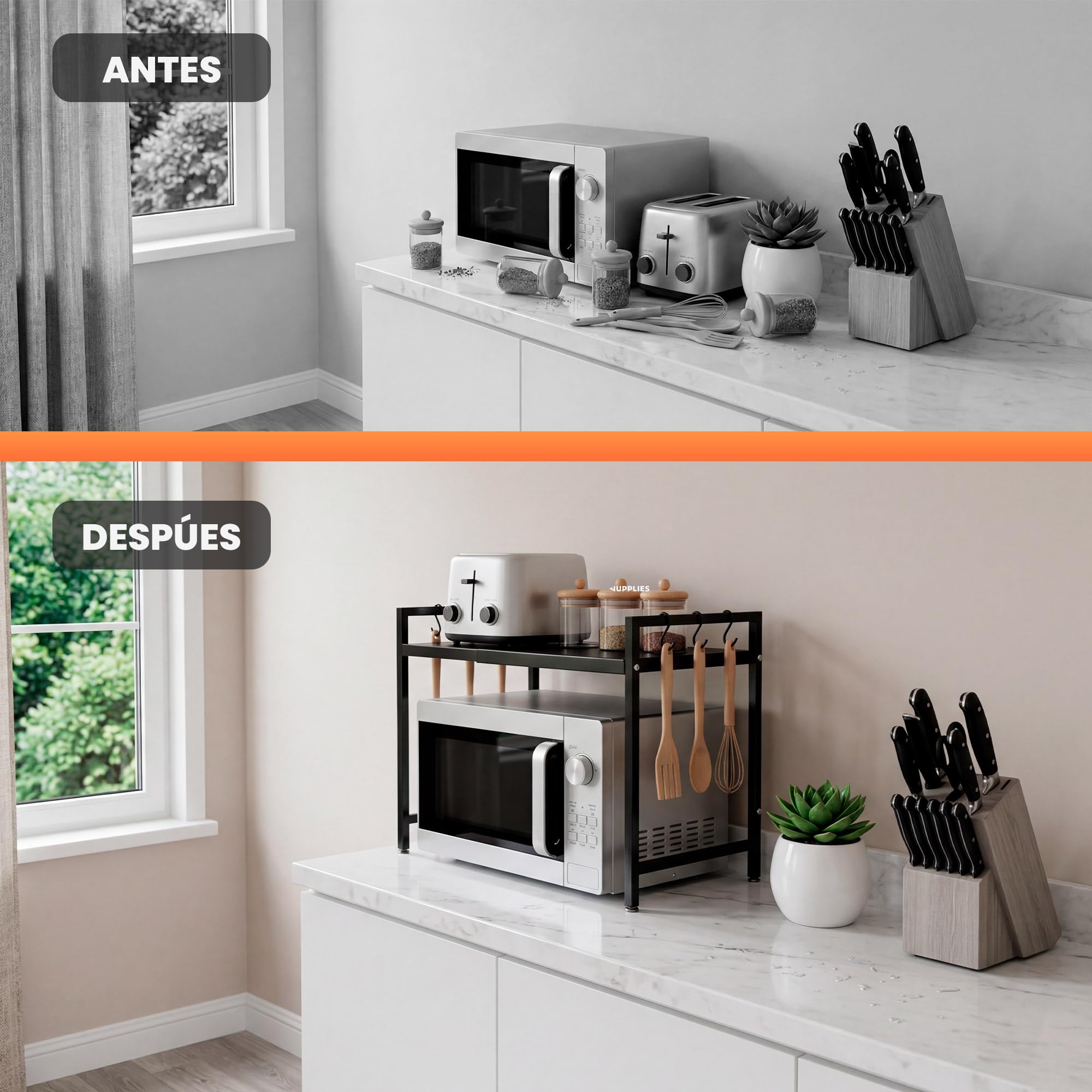 JUPPLIES Soporte Microondas Ajustable de Cocina | Estante Extensible Encimera para Microondas, Horno y Electrodomésticos | Mueble Organizador Cocina con Estantería Resistente y Fácil Montaje