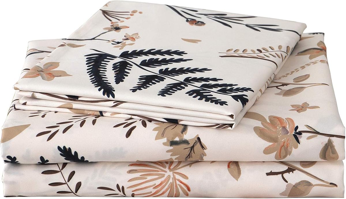 JSD Boho Fall Floral Printed Sheet Set Queen Size Deep Pocket | 4 Piece Cottagecore Botanical Pattern Bed Sheets, Soft Microfiber Sheets, OEKO-TEX Certified for Sensitive Skin