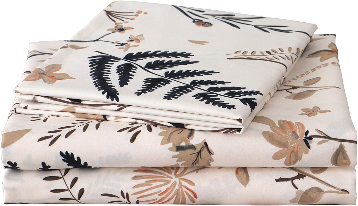JSD Boho Floral Printed Sheet Set King Size, 4 Piece, Soft Botanical Pattern Microfiber Sheets Extra Deep Pocket