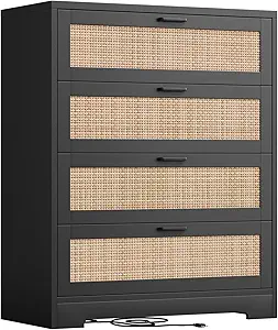 GarveeHome Rattan Dresser, Tall Chest of Drawers, Wood Dresser for Bedroom, Closet, Living Room, Hallway (Black, 15.8" D x 31.5" W x 38.6" H (4 Rattan Drawers))