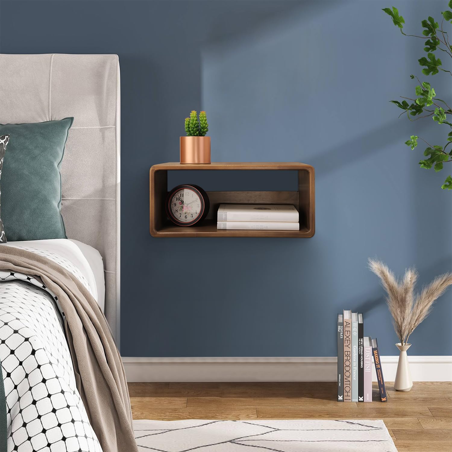 Mesita de noche flotante, estante de noche montado en la pared, muebles de dormitorio hechos a mano, mesa de noche flotante de madera de pino, estilo minimalista y único, 18 x 10 x 7.5 5