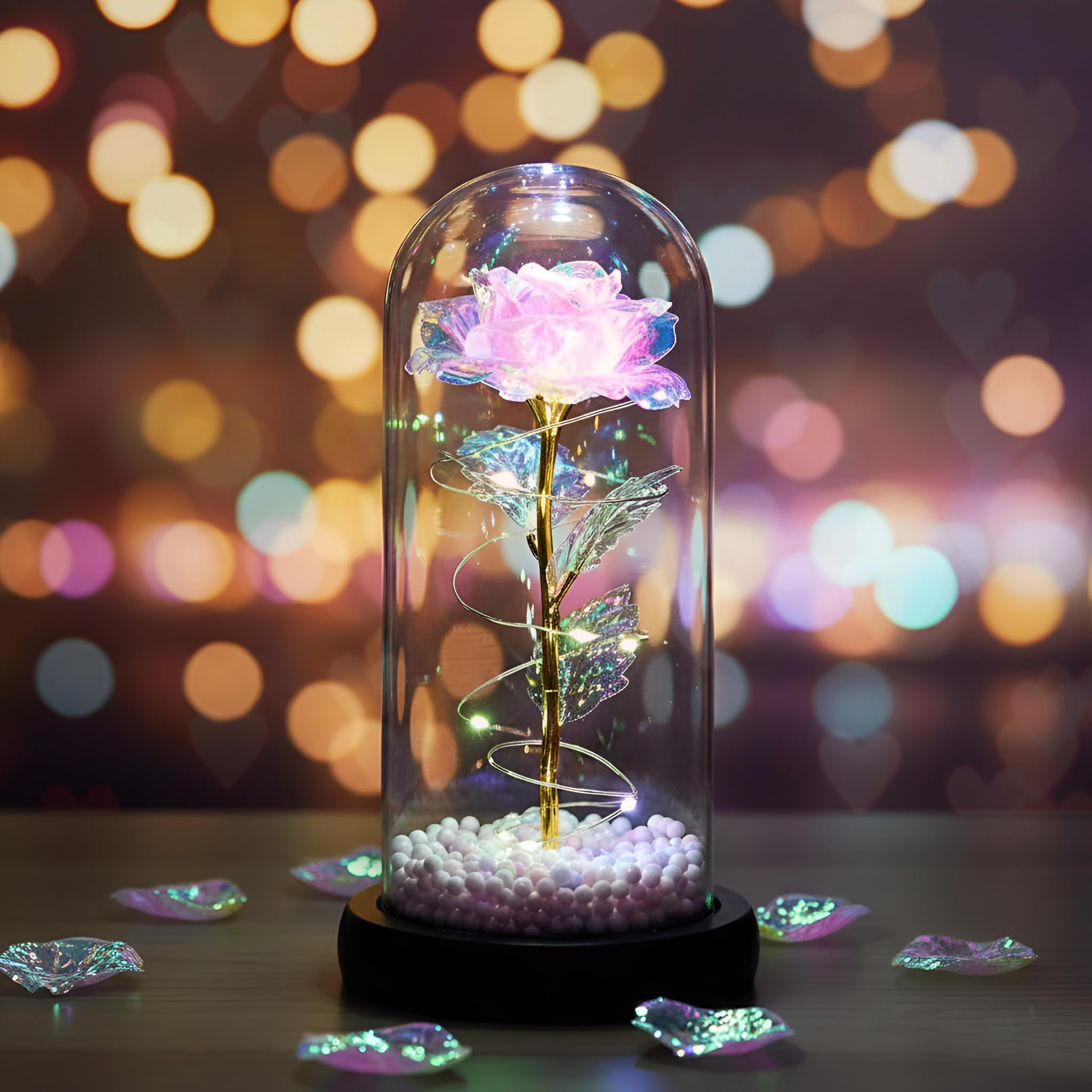 TIED RIBBONS Decorative Gift for Wife, Girlfriend, Sister, Mother, Colleague | Anniversary Artificial Forever Rose Gift Decorative Light up Rose in Glass Dome