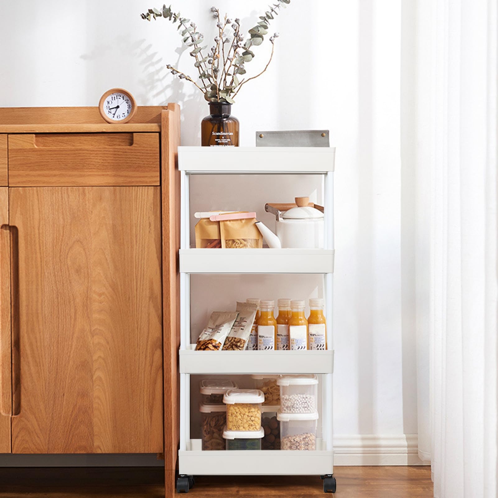 toxaaiwr 4 Tier Storage Trolley Cart on Wheels,Plastic Mobile Rolling Trolley,Utility Cart,Storage Rack Shelves,Rolling Rack,Mesh Fruit Basket,Shelving Organizer,Storage Trolleys for Kitchen Bathroom