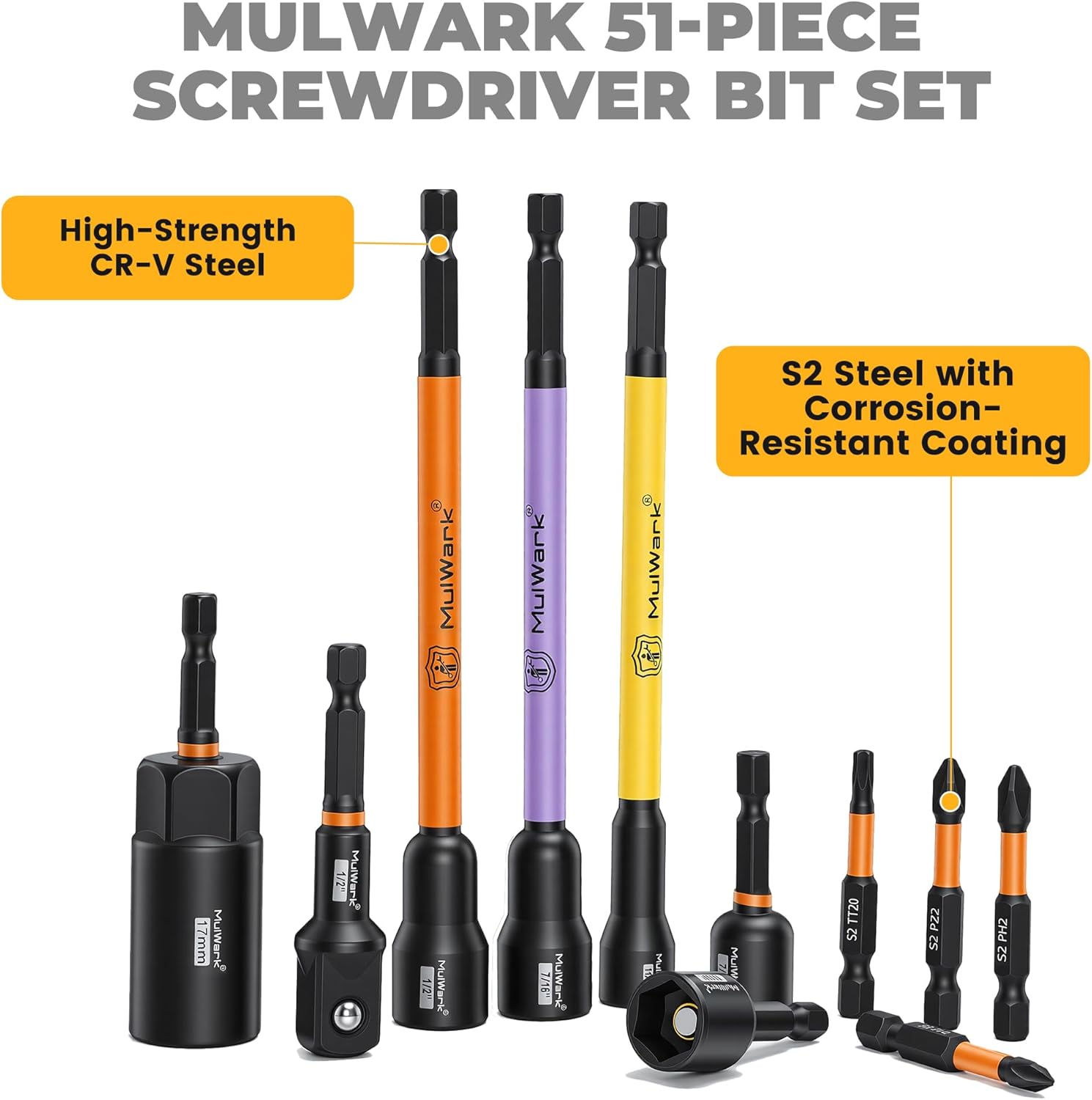MulWark 51pcs Nut Driver Set, Rare-Earth Magnetic Socket Set - Color-Coded 6" Deep Drivers, 1/4" Drive Magnetic Impact Nut Driver Set Metric & SAE Standard & Deep with Socket Adapters