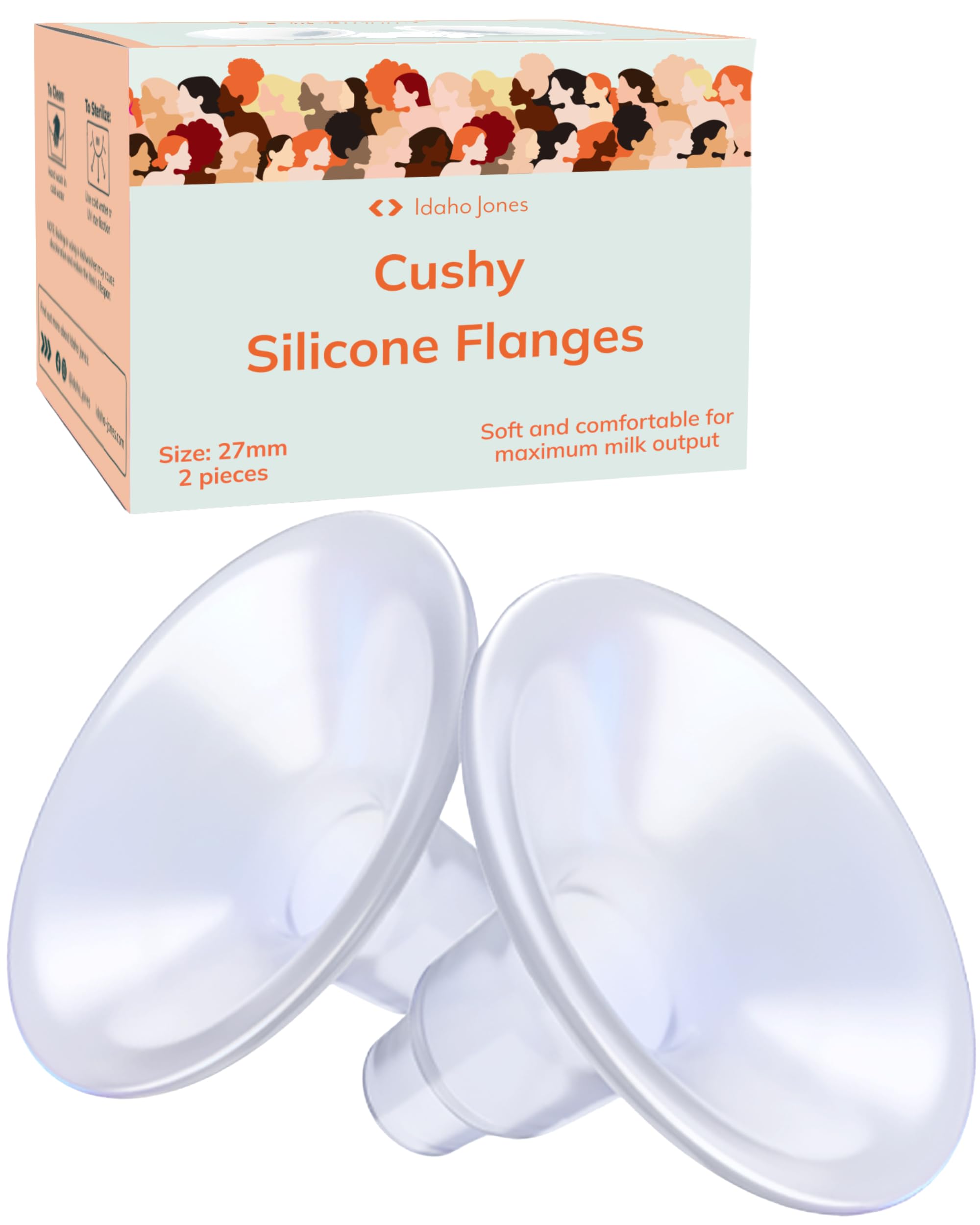 Cushy Silicone Breast Pump Flanges, Breast Shields - 27mm (2 Pack) - Replacement Pump Parts - IBCLC Recommended - Ideal for Elastic Nipples - Fits Medela, Lansinoh - Spectra, Motif Needs Adapter