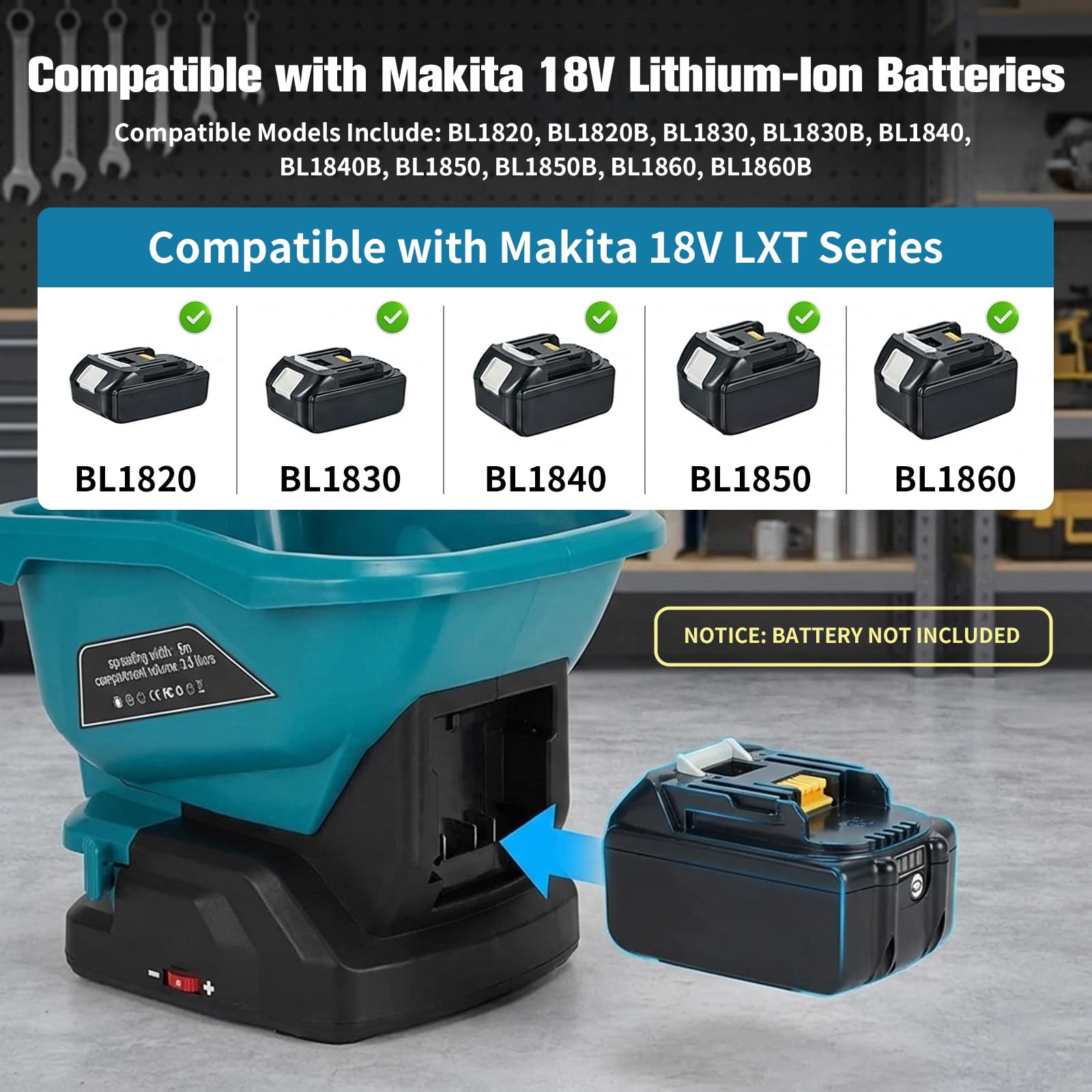 Esparcidor de abono inalámbrico compatible con batería Makita de 18 V, 3,3 litros, carro de siembra y esparcidor manual para fertilizantes, semillas, sal de carretera, 5 m de ancho, 6 velocidades y 8