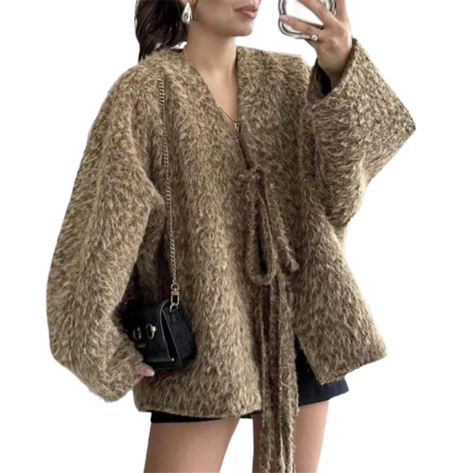 LXURY Chaqueta tipo cárdigan afelpada para mujer, abrigo cálido de gran tamaño con lazo y cuello en V, ropa de abrigo informal holgada de manga larga para otoño e invierno
