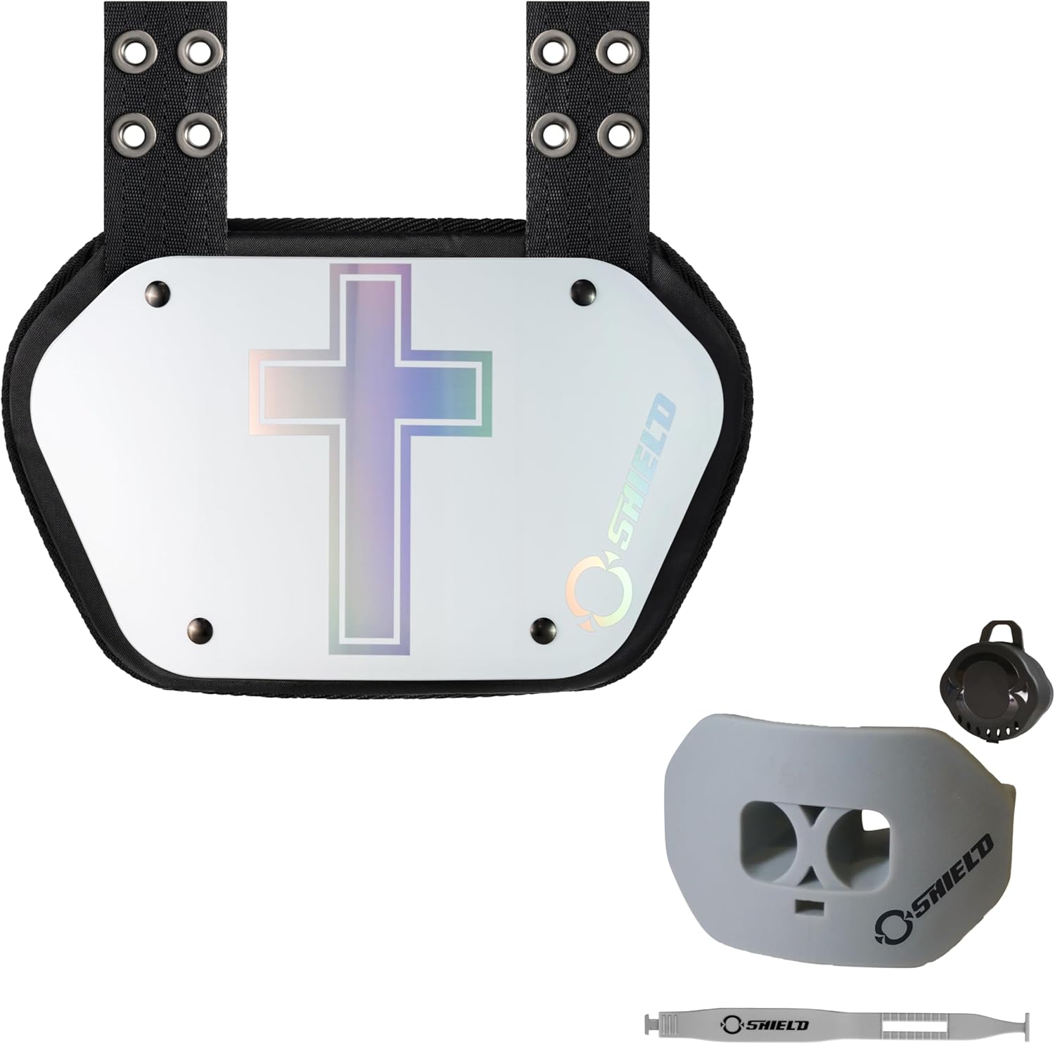 O Shield Holy Cross White Football Backplate with Gray Silver Mouth Guard, Backplate Football with Mouthguard, Sold by Package, Adult Fit