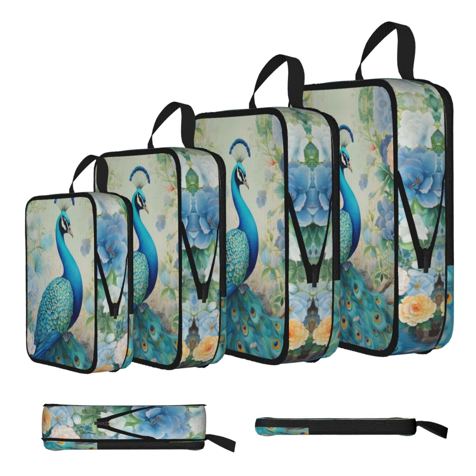 Sxzvvbn Black Jasmine Blue Peacock Compression Packing Cubes 4 Piece Set