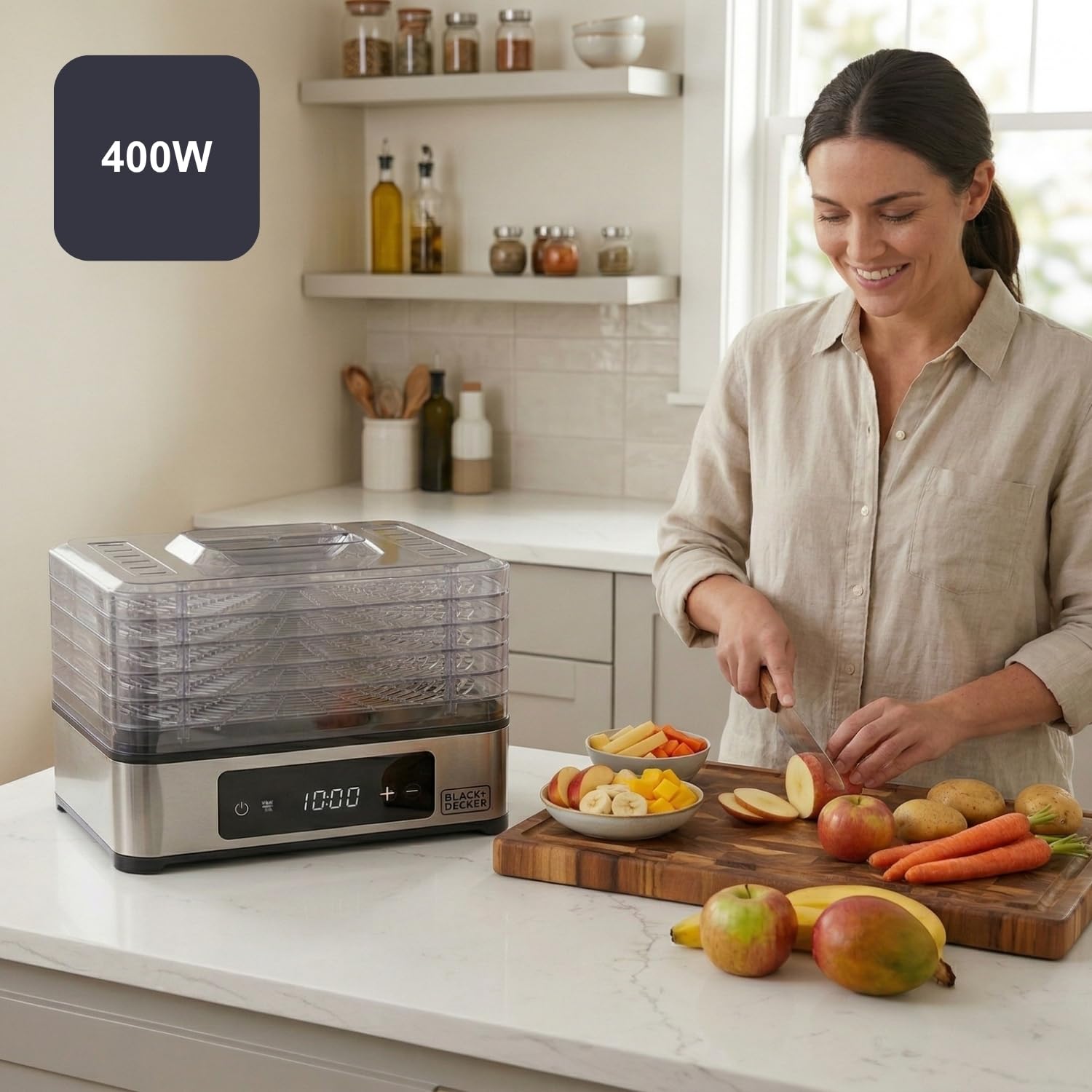 Black+Decker - essiccatore alimentare 400W | 5 vassoi trasparenti 29x21 cm | pannello digitale touch | temperatura regolabile 35-70°C | timer 48h | spegnimento automatico | senza BPA