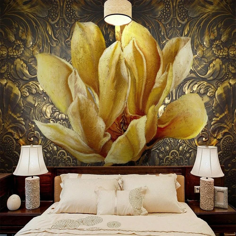 Photo murale 3D fleurs dorées pour transformer une cloison de salon terne