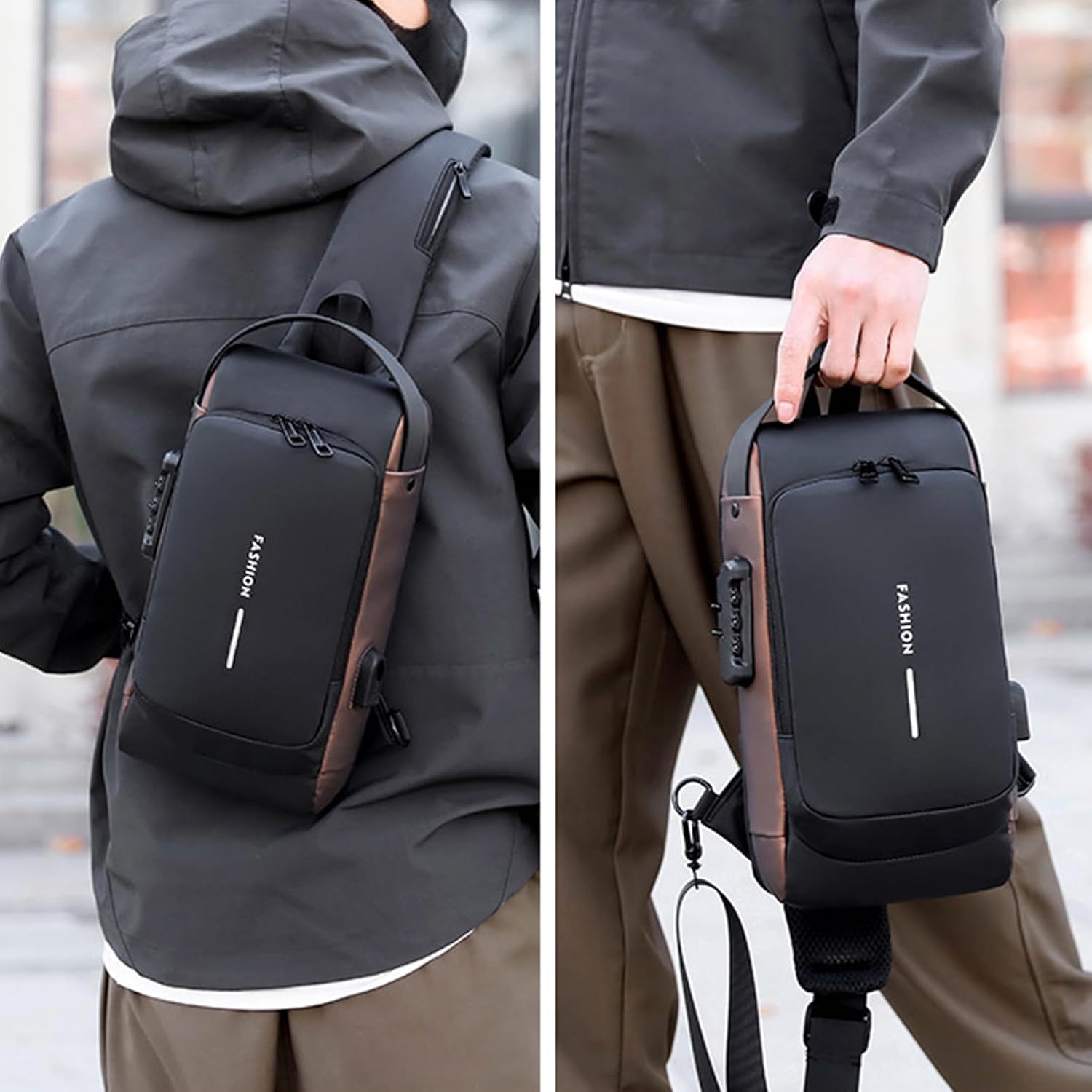 Anti-Theft Sling Bag for Men Waterproof Crossbody Bag with Combination Lock & USB Charging Port Lightweight Chest Backpack for Travel Hiking (Black) - Image 2