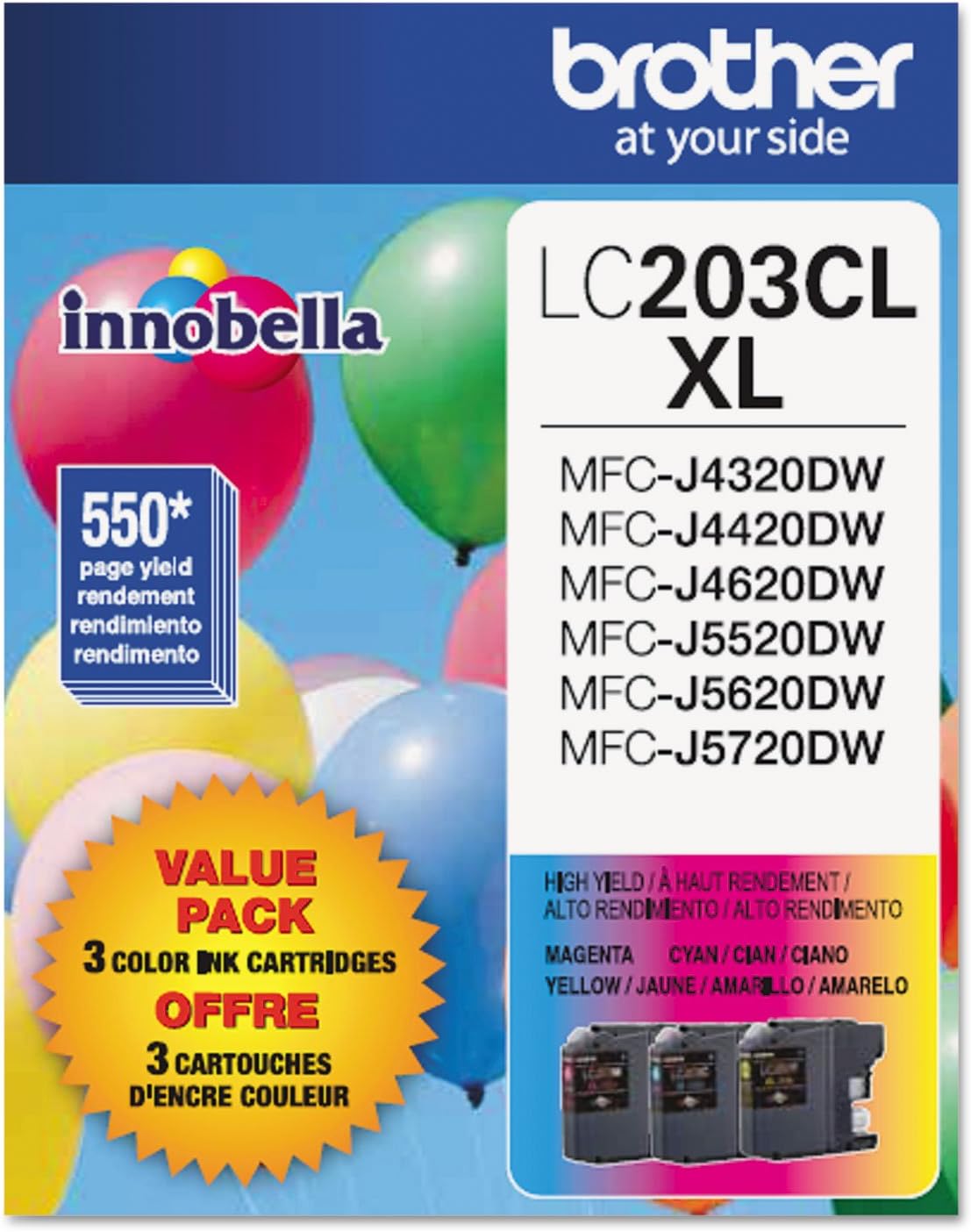 Genuine High Yield Color Ink Cartridge, LC2033PKS, Replacement Color Ink Three Pack, Includes 1 Cartridge Each of Cyan, Magenta & Yellow, Page Yield Up To 550 Pages, Amazon Dash Replenishment Cartridge, LC203