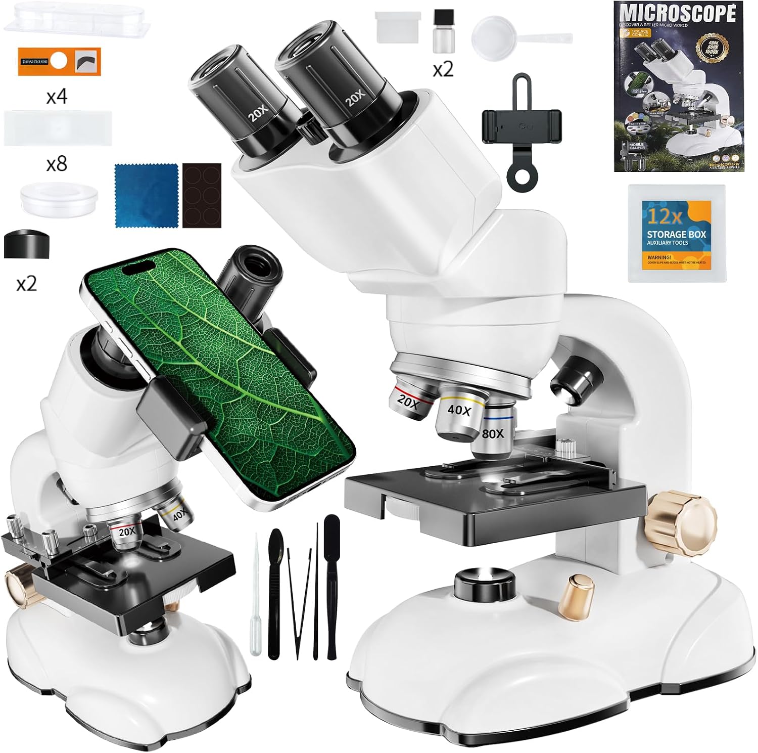 Microscope for Kids, Double Tube Double Mirror Microscope Kit LED 400X-1600X Magnification Kids Science Toys, Microscope Slides with Specimens for Kids,Students Microscope STEM Kit