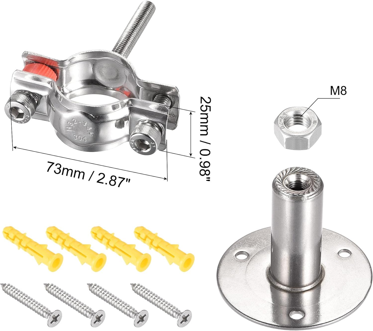 uxcell Wall Mount Ceiling Mount Pipe Support, 304 Stainless Steel Adjustable Pipe Bracket Clamp for 32-34mm Pipe 2pcs