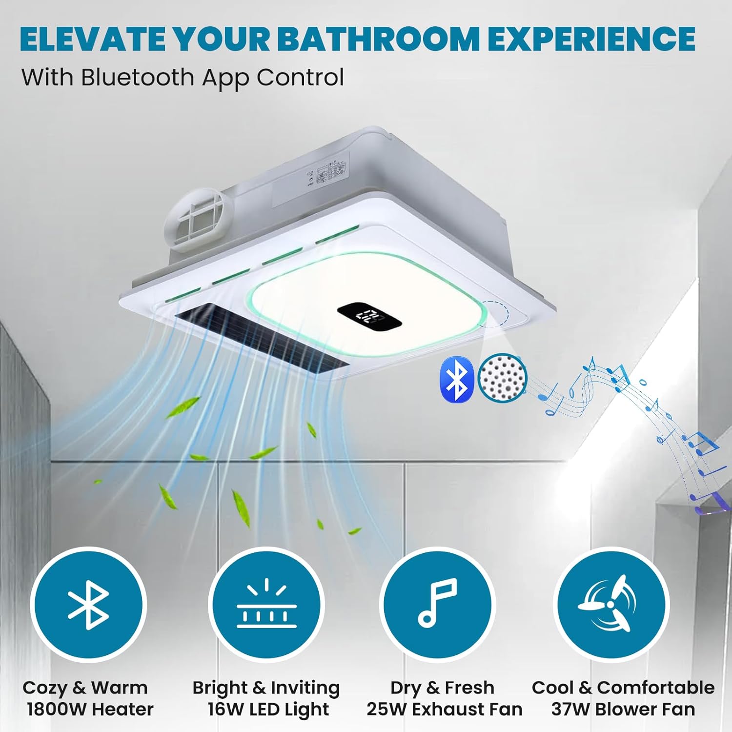 Bathroom Exhaust Fan with Bluetooth Speaker 3-in-1 Heater & Light Combo 180 CFM, 1.0 Sones Quiet Bath Fan with Remote Control 3-Color Adjustable & 5-Color Temperature LED Lights White Ceiling Mount