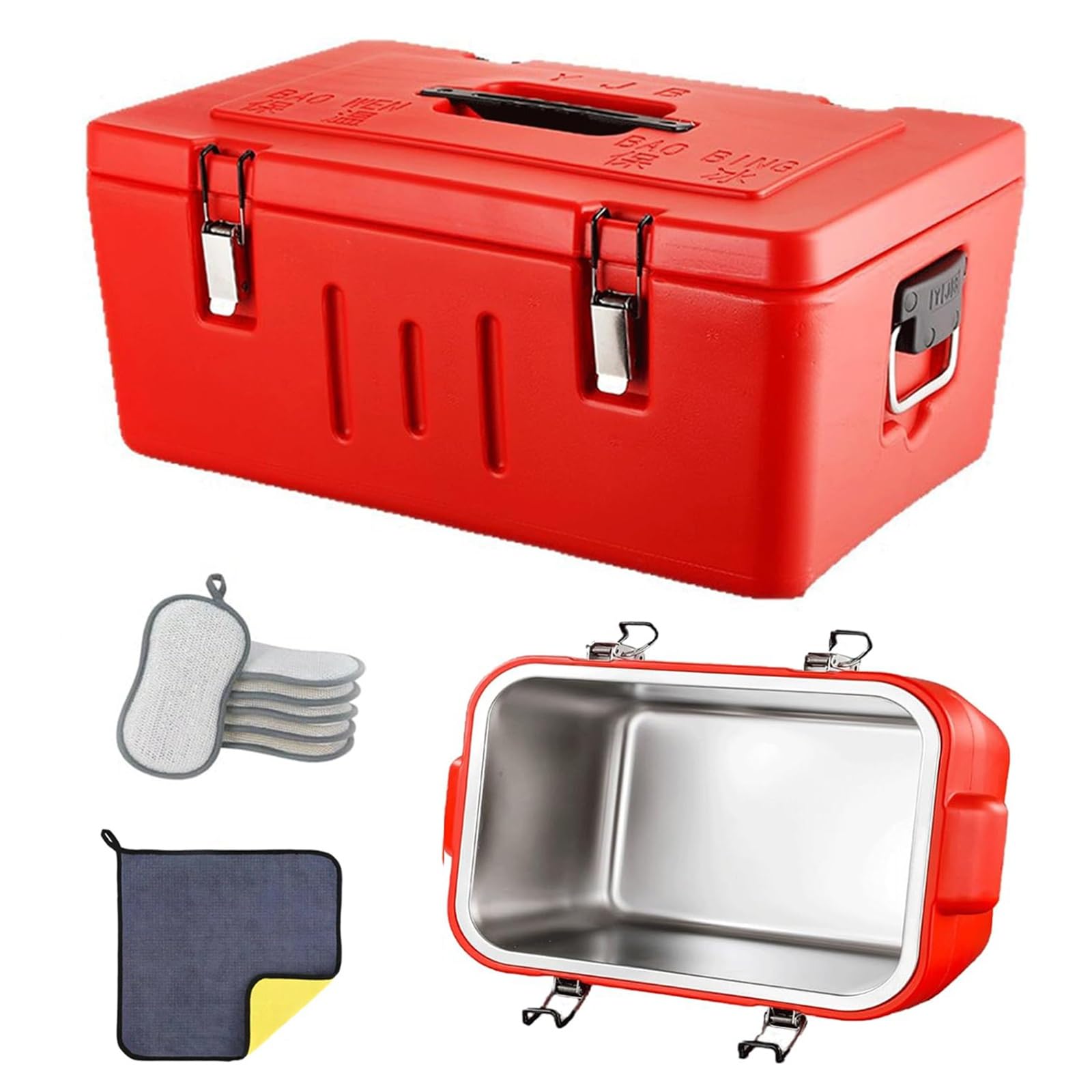 Caja de alimentos resistente con transportadores aislados para almacenamiento de alimentos fríos y calientes, sartenes de acero inoxidable, 4 hebillas, 2 asas para catering y camping