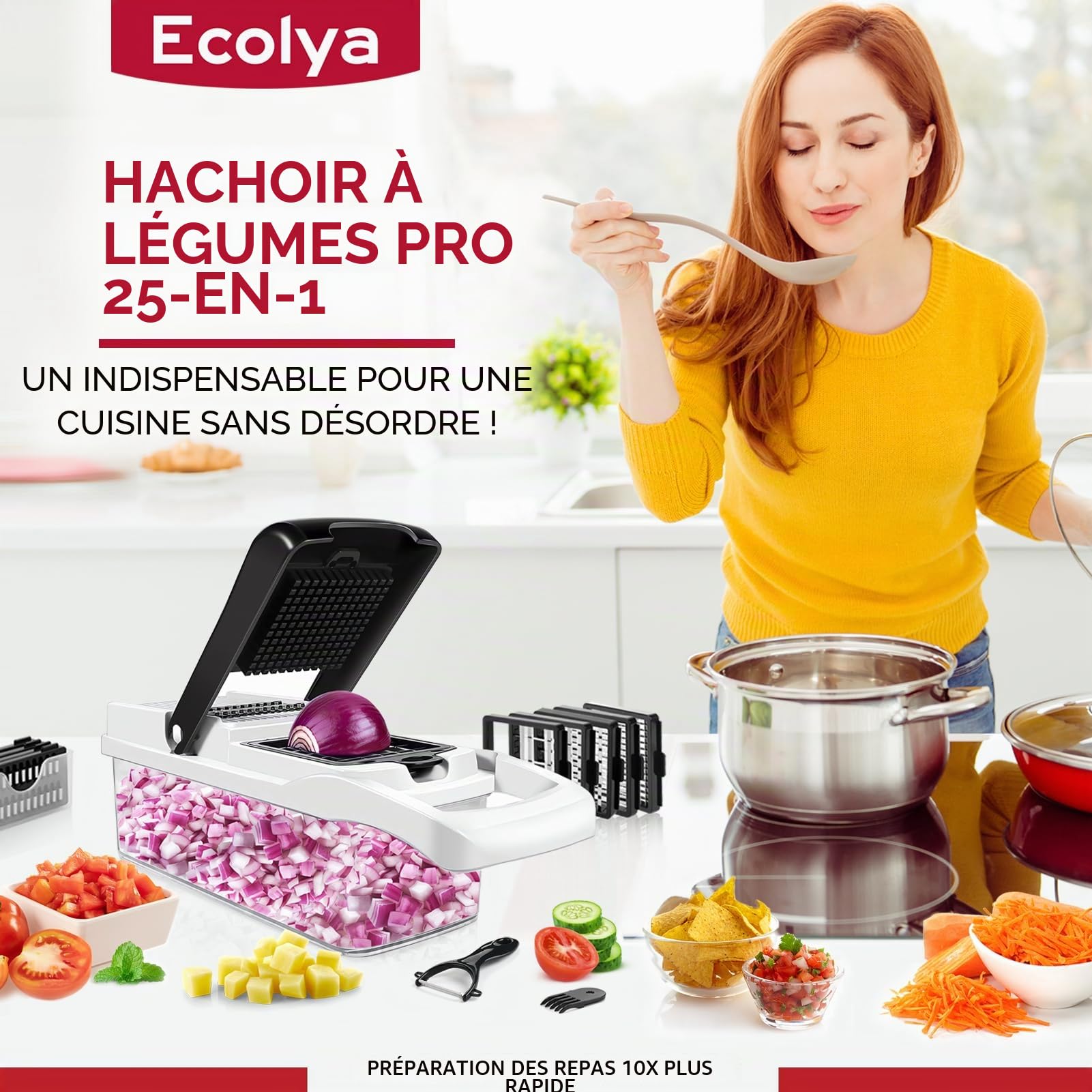 Hachoir à légumes et mandoline 25 en 1 - Hachoir alimentaire avec récipient et coupe-légumes - Coupe-légumes, coupe-légumes et trancheuse pour salade, oignon, pomme de terre et tomate - Gadget de
