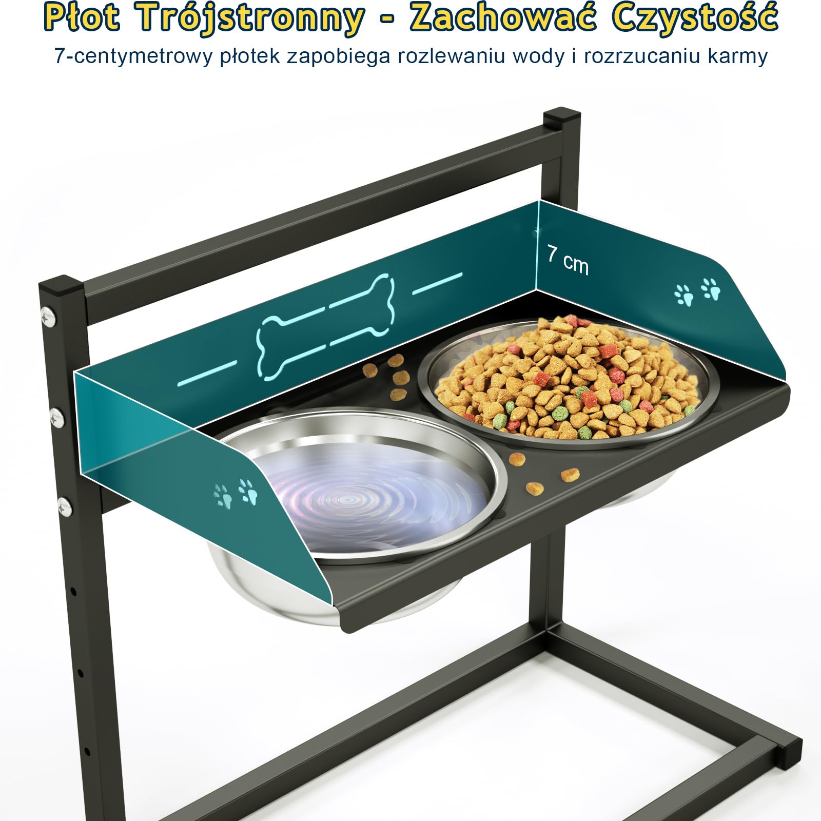 Podwyższona Miska dla Psa z Ochroną o Wysokości 7 cm, Regulowana na 4 Poziomów, 2 Miski ze Stali Nierdzewnej (1.5L x 2), Stabilna Podstawa, Odpowiednia dla Psów Duża, Średnia i Mała