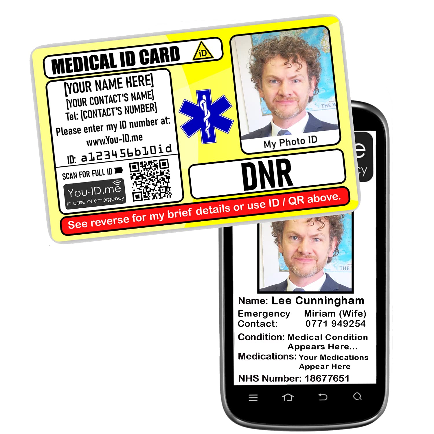 Medical Card, Photo ID, Emergency Alert Card, Customise with Name, Contacts, Number, Condition, Photograph, Works with You ID Me (DNR)