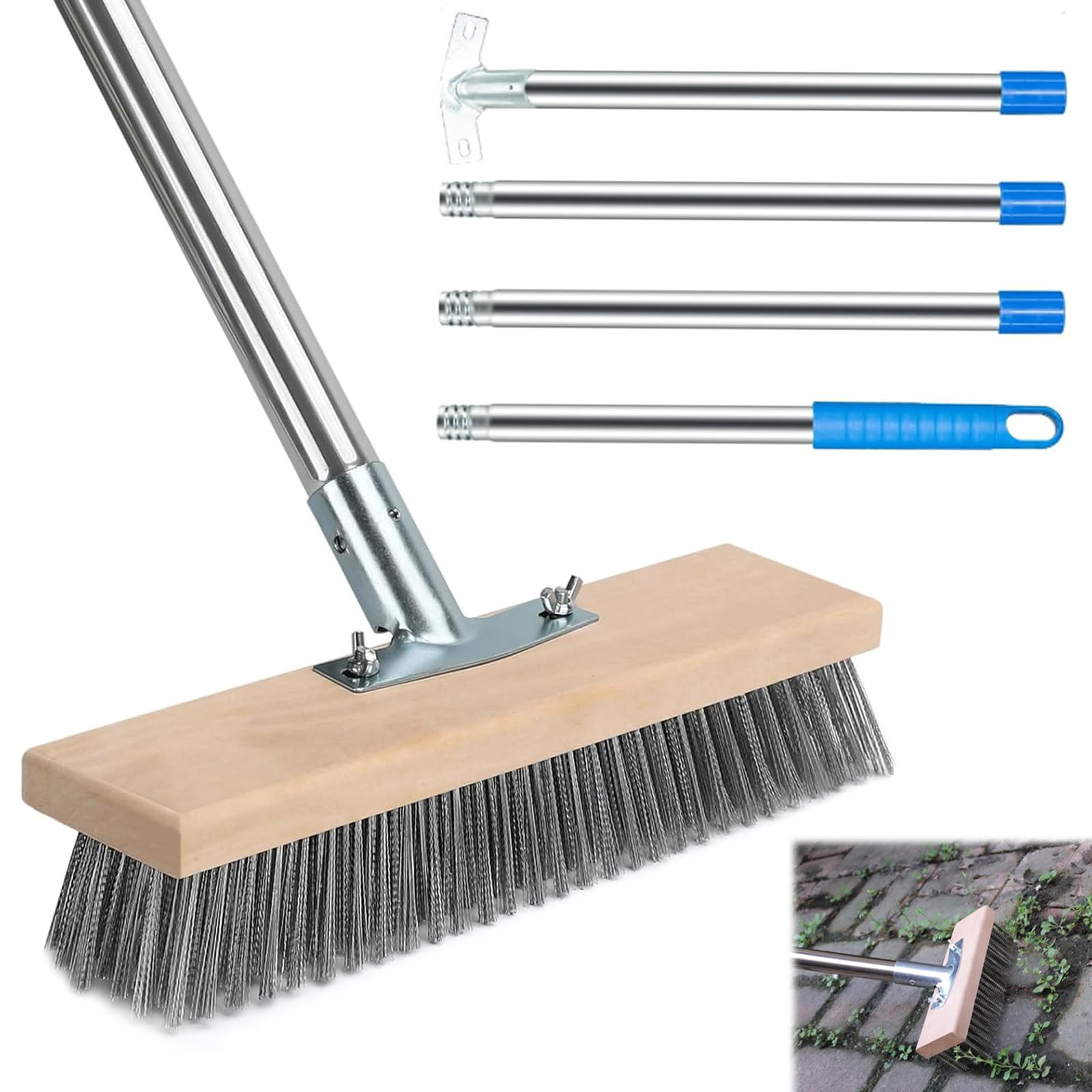 Scopa Metallica con Manico Regolabile 160cm, Spazzolone Acciaio Inossidabile Esterni, Spazzola Pavimenti Giardino & Terrazza, Scopa Metallo per Rimuovere Muschio, Erbacce, Macchie Ostinate