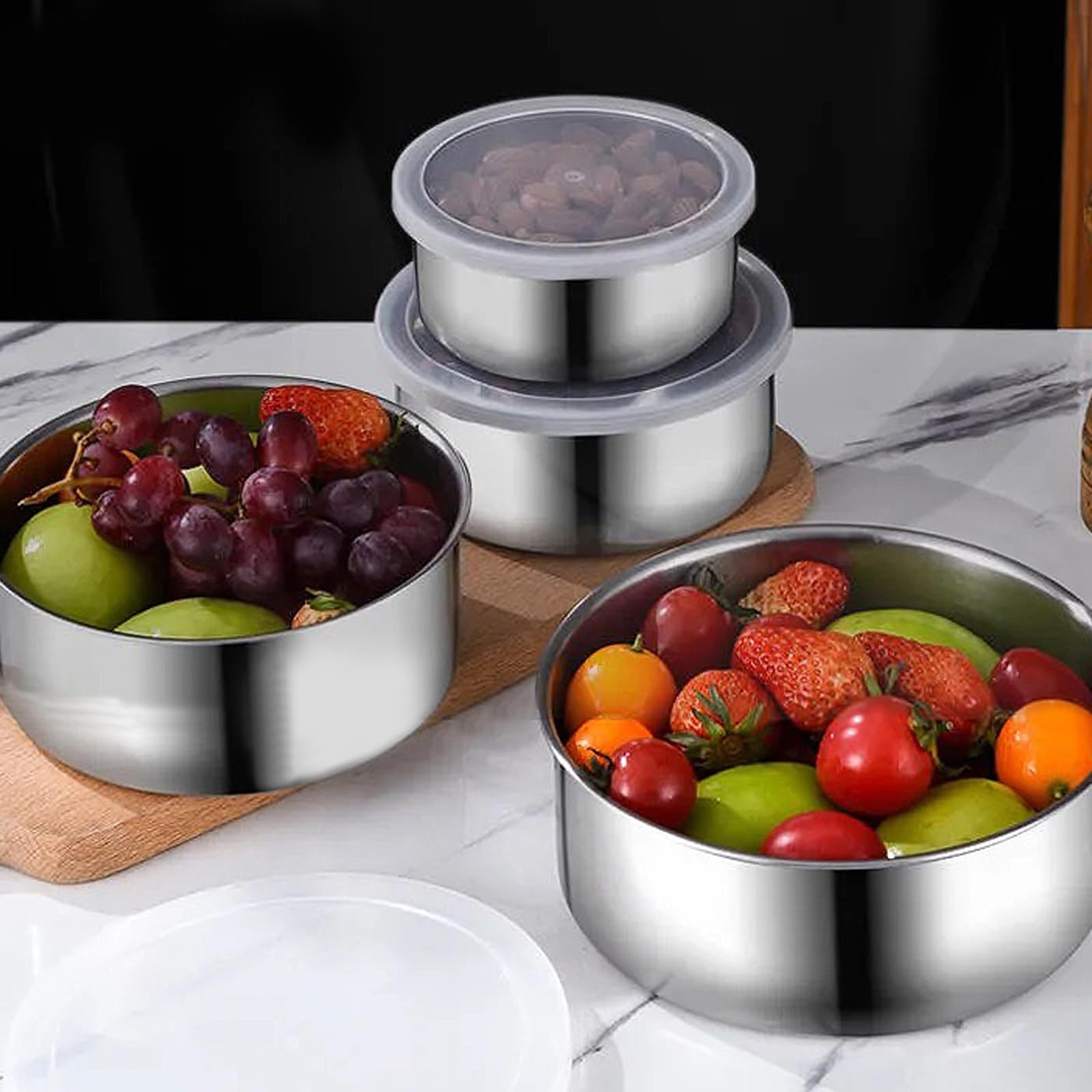 Set 7 Ciotole Insalata Acciaio Inox - Con Coperchio, Impilabili, 5L A 0.8L