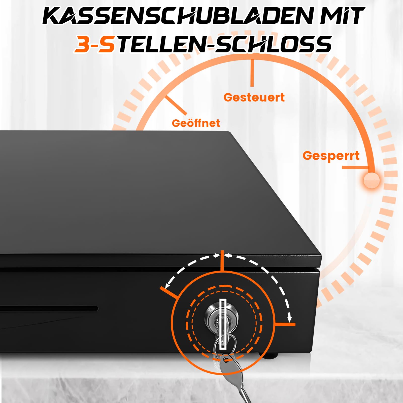 Kassenschublade abschließbar mit 4 Fächern für Banknoten 5 für Münzen, 37×34×8cm Geldkassette aus Metall, Registrierkasse mit RJ11, 2 Schlüsseln 3 Verriegelungsmethoden