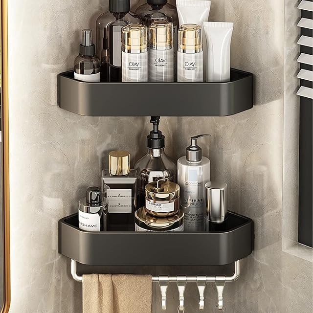 EAQ 2 Pack Bathroom Rack, Corner Rack, Shower Rack, Shower Shelves with 4 Removable Hooks and Towel Hangers, Wall-mounted Non-perforated Glue, for Washroom / Toilet / Dormitory / Kitchen