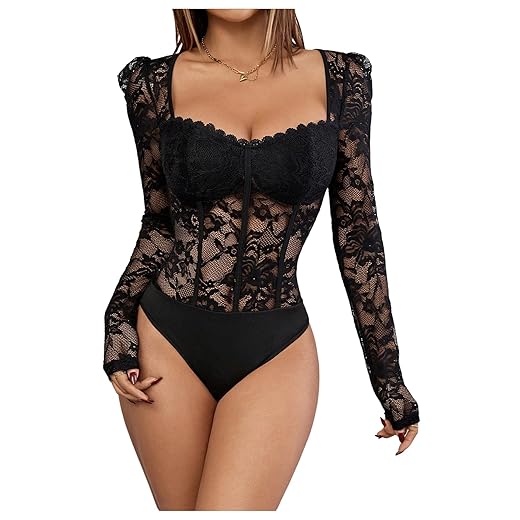 OYOANGLE Women's Lace Sheer Long Sleeve Corset Bodysuit Sweetheart Neck Party Club Leotard