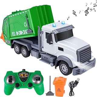 2.4ghz Remote Control Garbage Truck Toys, 1:24 RC Recycling Trash Truck with Rechargeable Batteries, 6 Channel Rc Waste Management Garbage Truck & with Lights Gift for Kids Boys Girls 3+