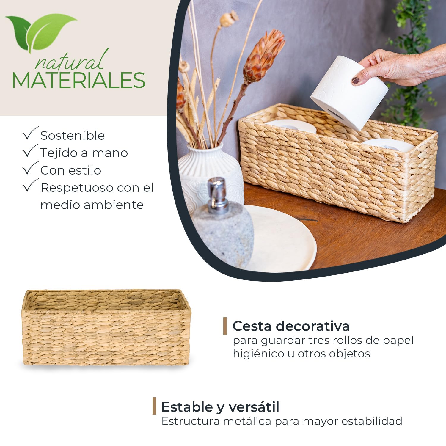 HMF Cesta de almacenamiento compatible con KALLAX para medio compartimento, cesta trenzada de jacinto de agua para baño, cocina y salón | 38 x 15 x 14 cm | Natural