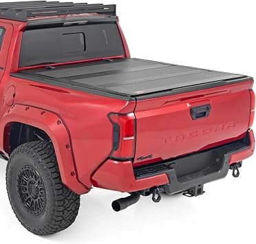 Rough Country Hard Tri-Fold Flip Up Tonneau Cover for Toyota Tacoma 2024-2026 - Flush Aluminum Bed Cover, Fits 5 Bed w/Utility Rail System