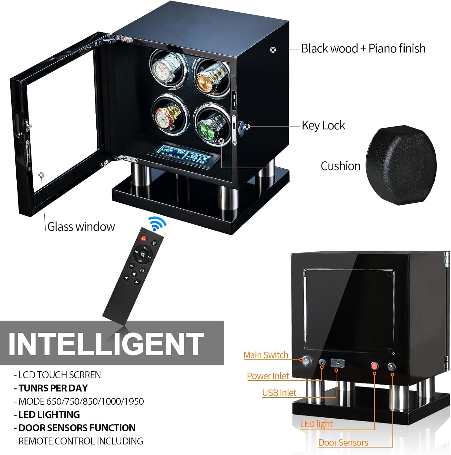 Watch Winder Box for 4 Automatic Watches, Lockable Glass Cover, Black Wood with Black Suede Lining, Silent Motor,TPD Rotation Technology, LCD Touch, Remote control