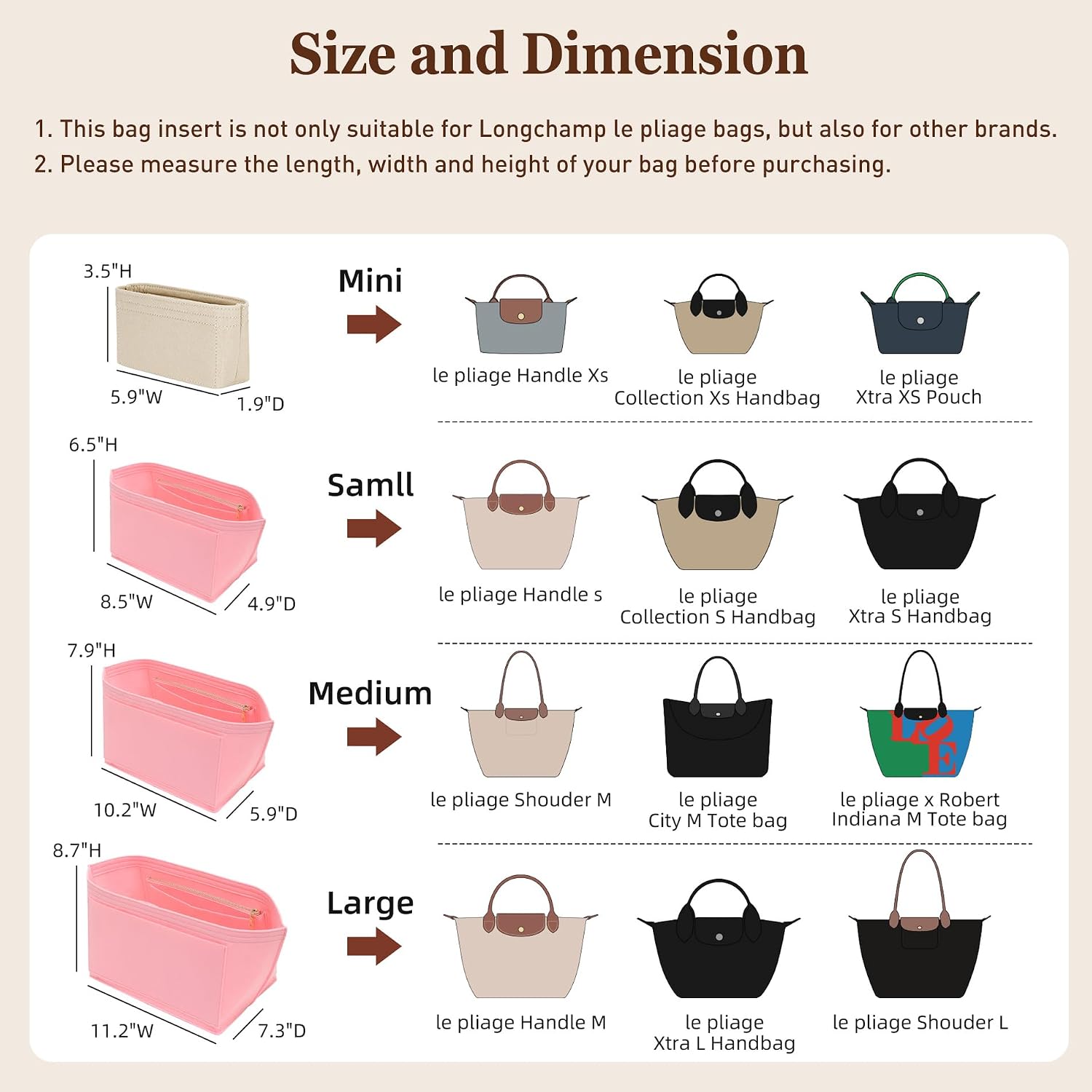 Doxo Small Purse Organizer Insert for Longchamp Le Pliage Mini XS, Pink image 2