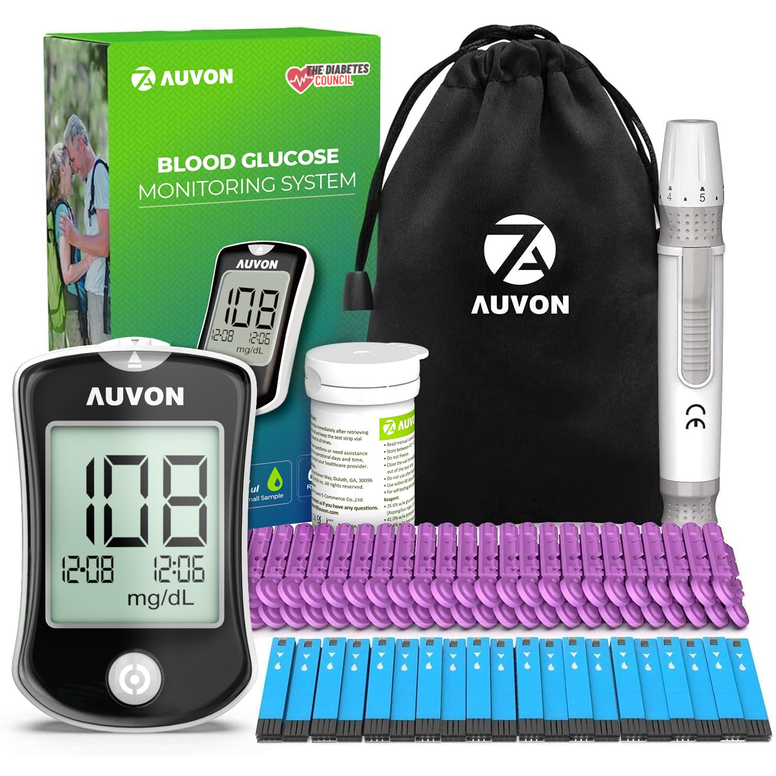 AUVON Blood Glucose Monitor Kit, High Accuracy Blood Sugar Test Kit with 50 Glucometer Strips, 50 30G Lancets, 1 Lancing Devices, DS-W Diabetes Testing Kit, No Coding Required, Travel Size