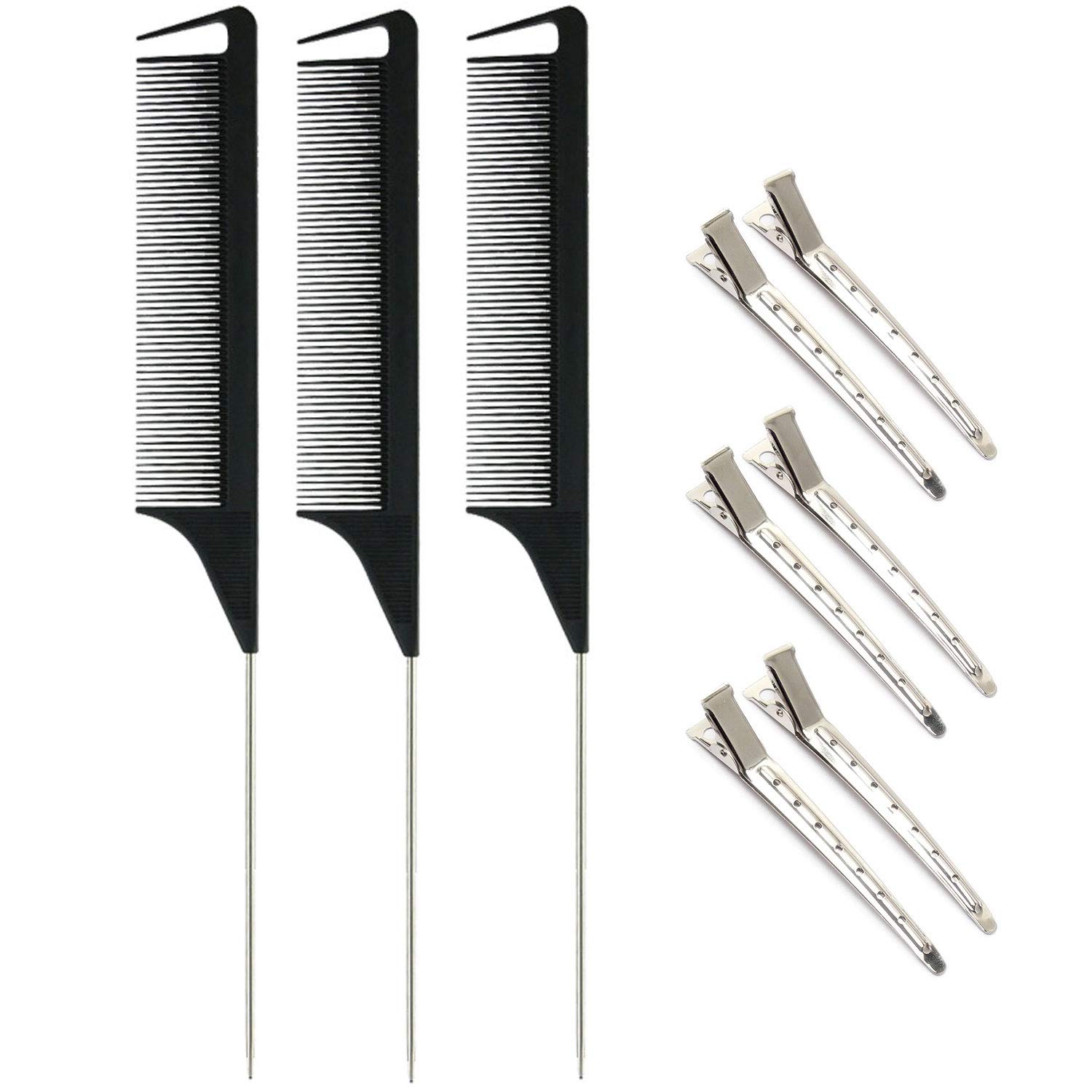 FRUTA 3 Pieces Carbon Rat Tail Comb Parting Comb Fiber Heat Resistant Teasing Comb Steel Pintail Comb and 6 Pieces Metal Alligator Curl Clip Duckbill Clip for Hair Styling at Home Salon, Black