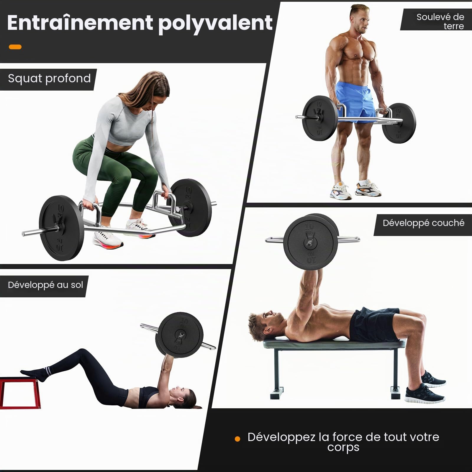 FANTASK Trap Bar, Hex Bar en 3 parties, 25 mm, charge maximale : 226 kg, avec 2 fermetures à ressort, barre d'haltères hexagonale, pour squats, soulevés de terre, soulevés d'épaules, argent