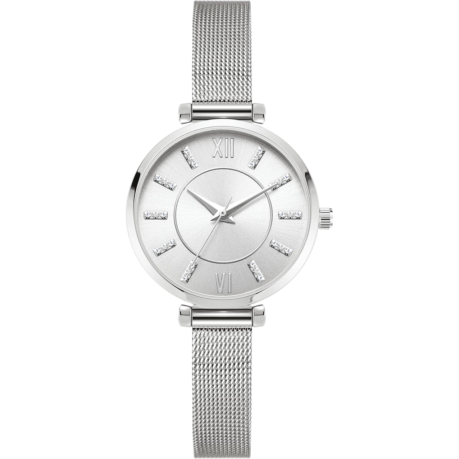 NUOVO Orologio argento con cristallo diamante, doppia fibbia di sicurezza, cinturino in rete alla moda ed elegante, Argentato, Moderno