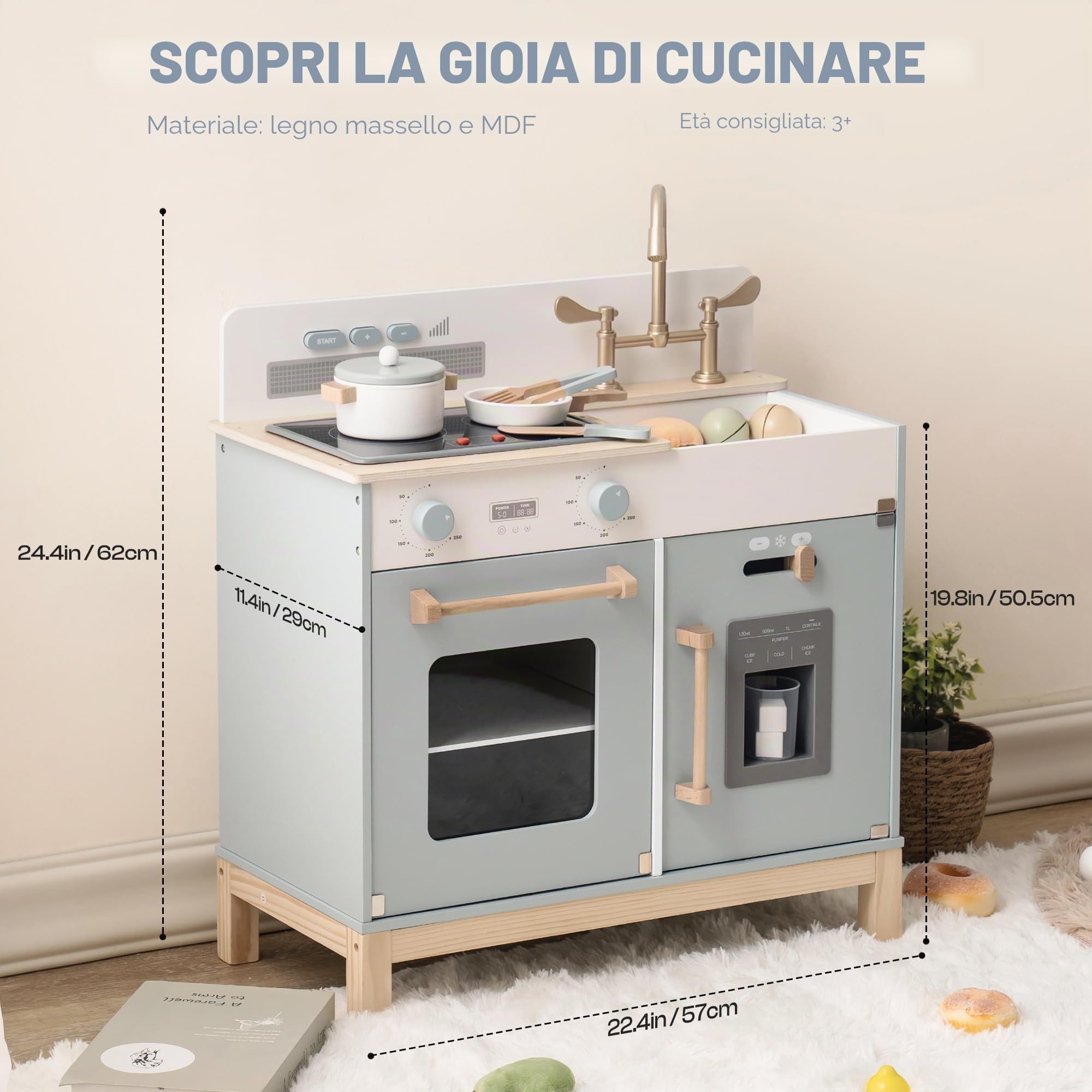 ROBOTIME Cucina in Legno per Bambini con luci, Suoni e Dispenser Ghiaccio | Design Blu con Forno, Lavello, Piano Cottura e Accessori, per Giochi di Ruolo dai 3 Anni e Come Idea Regalo