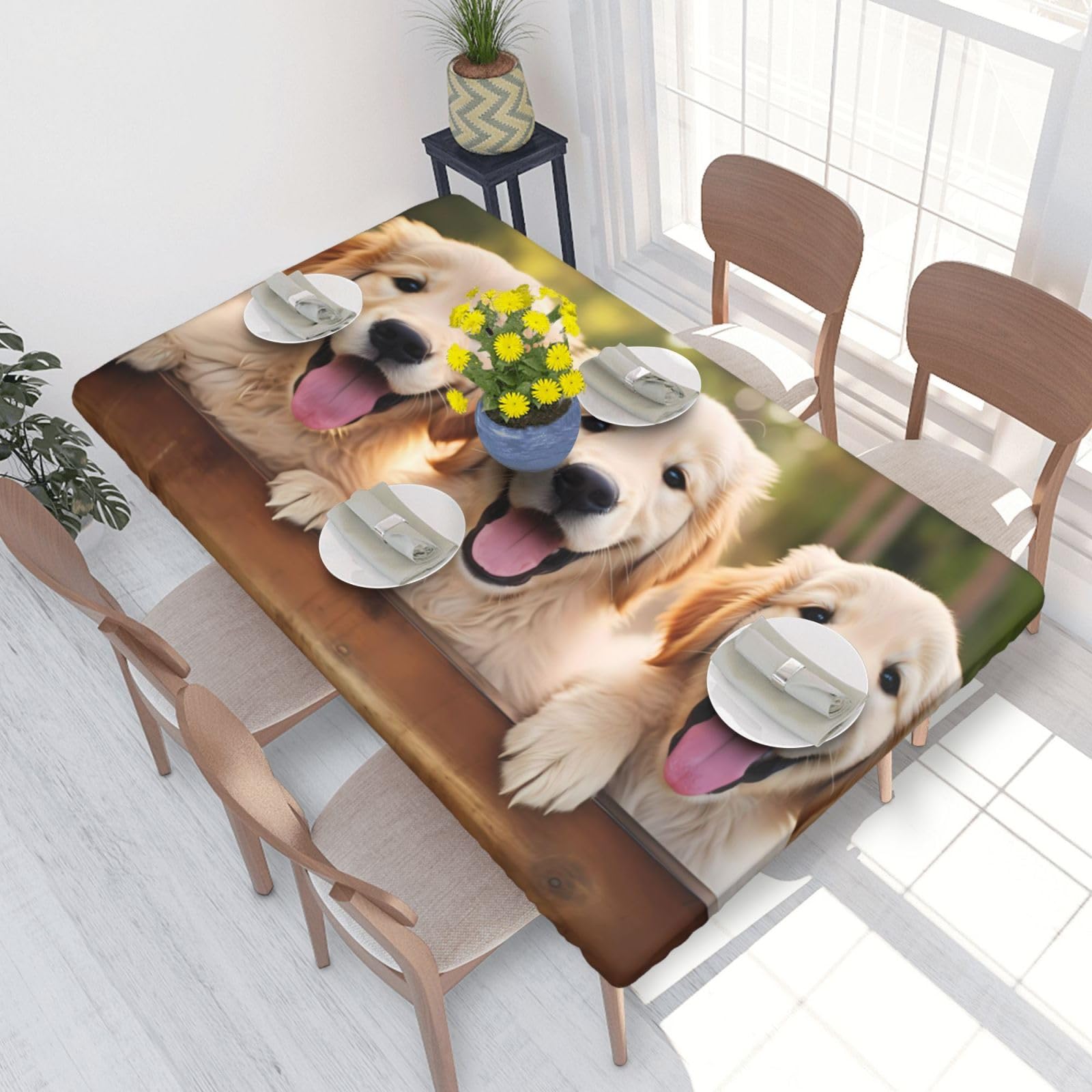 Dog Pattern Waterproof Square Table Cover Elastic Fitted Tablecloth Oil Proof Table Protector For 4ft Table