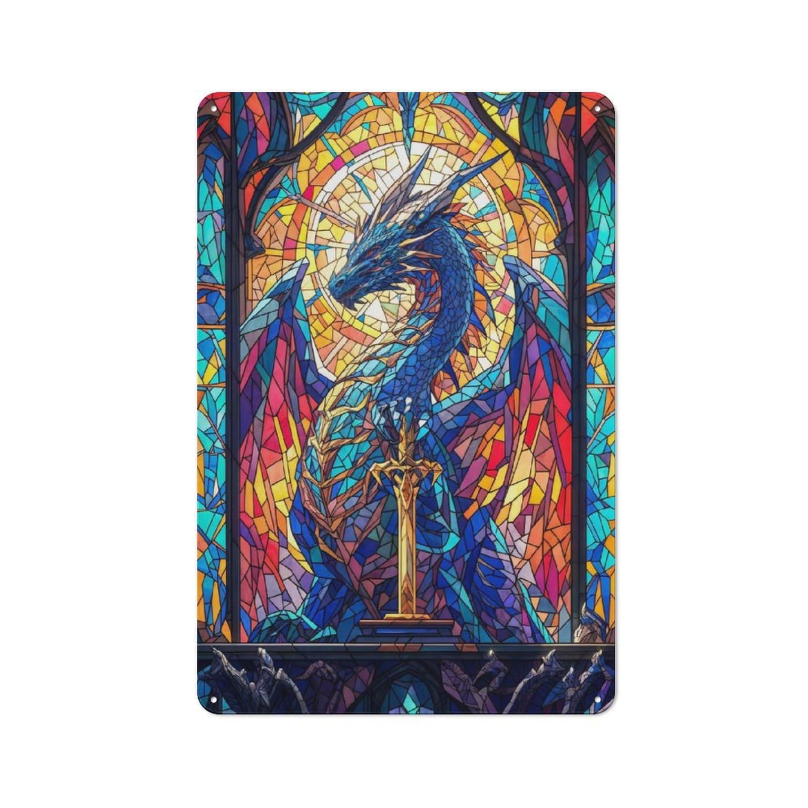 Junmoney Style-18 Dragon Stained Glass Rustic Tin Sign 30X20cm For Café Or Home Bar, Suited To Hospitality Decor Collectors
